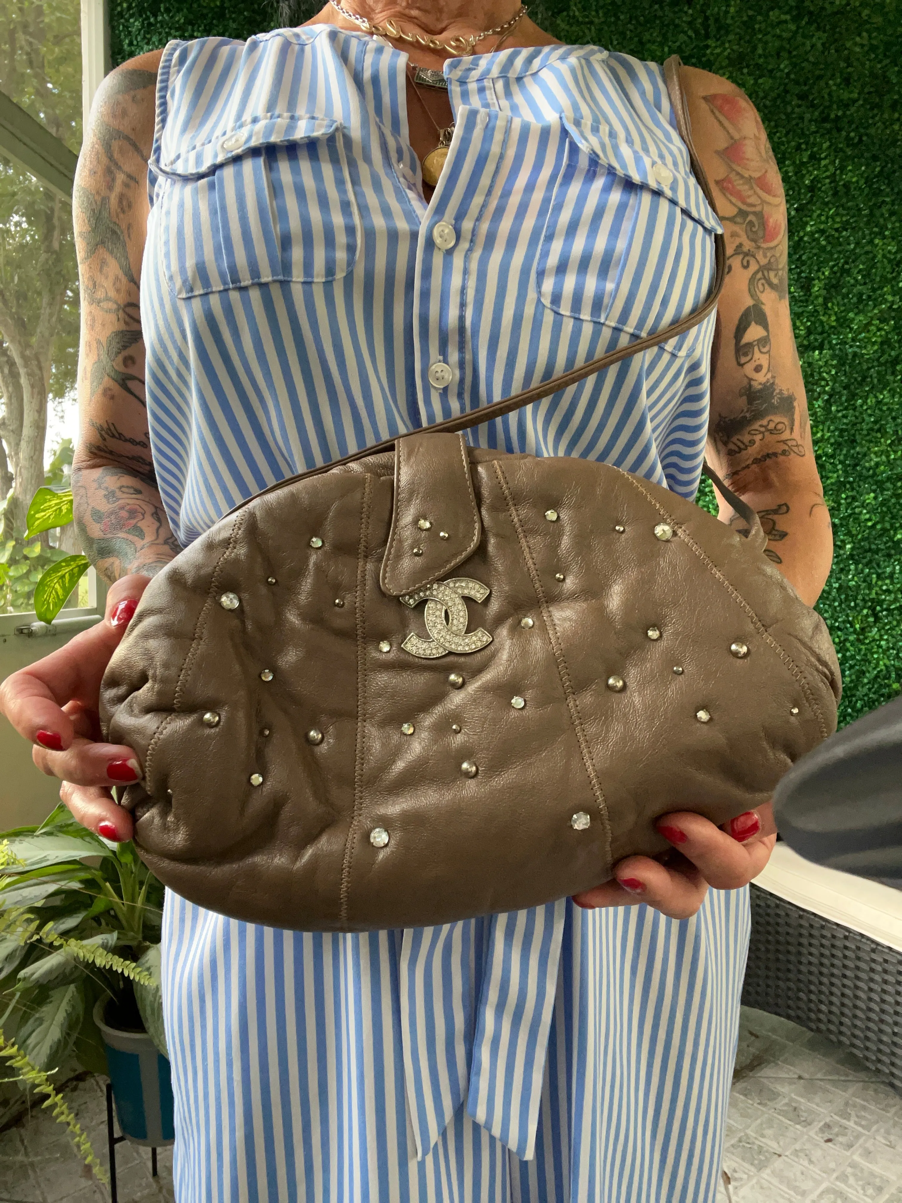 1980s Inspired CC Brooch and crystals leather Pouch shoulder bag
