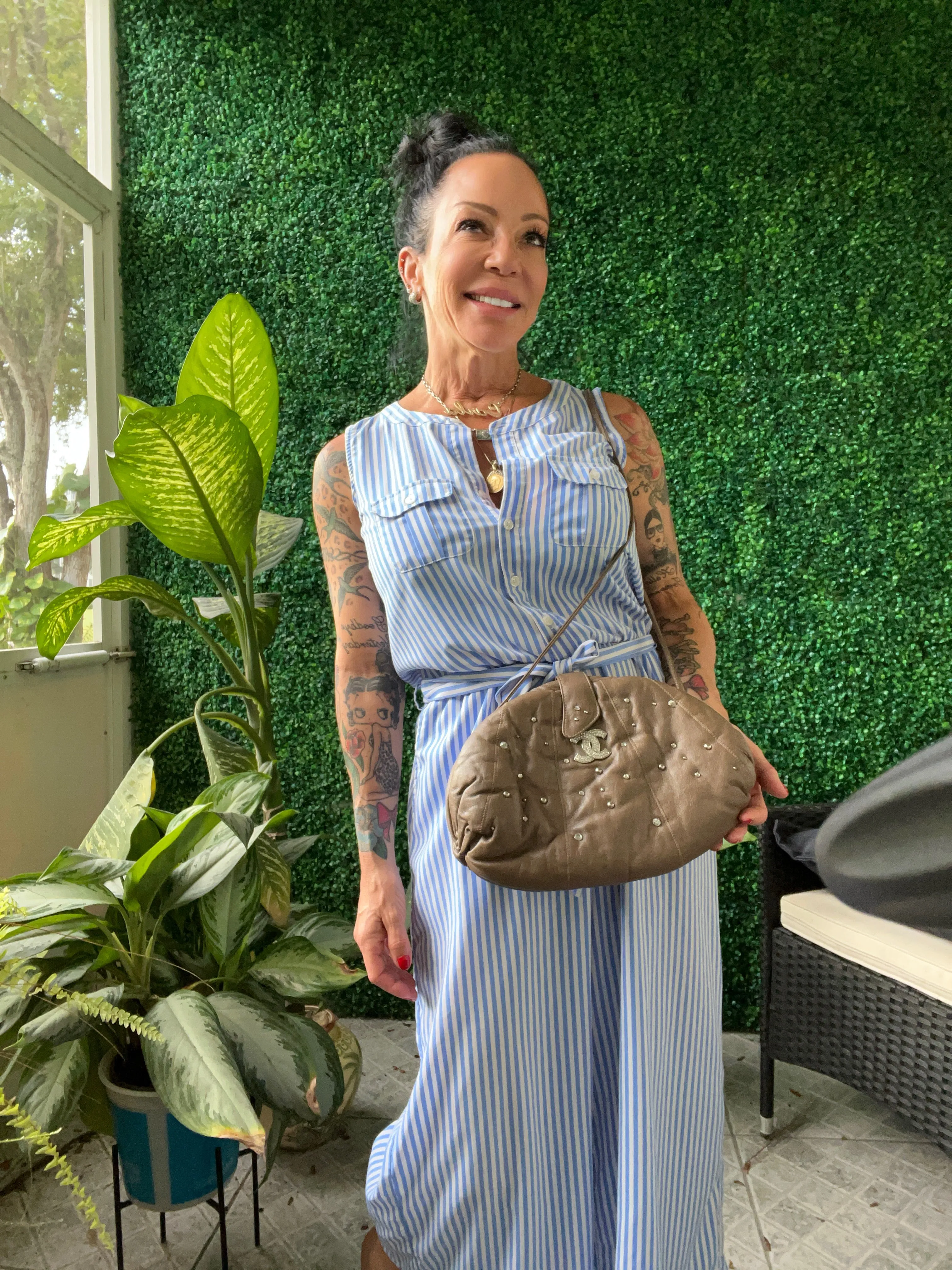 1980s Inspired CC Brooch and crystals leather Pouch shoulder bag