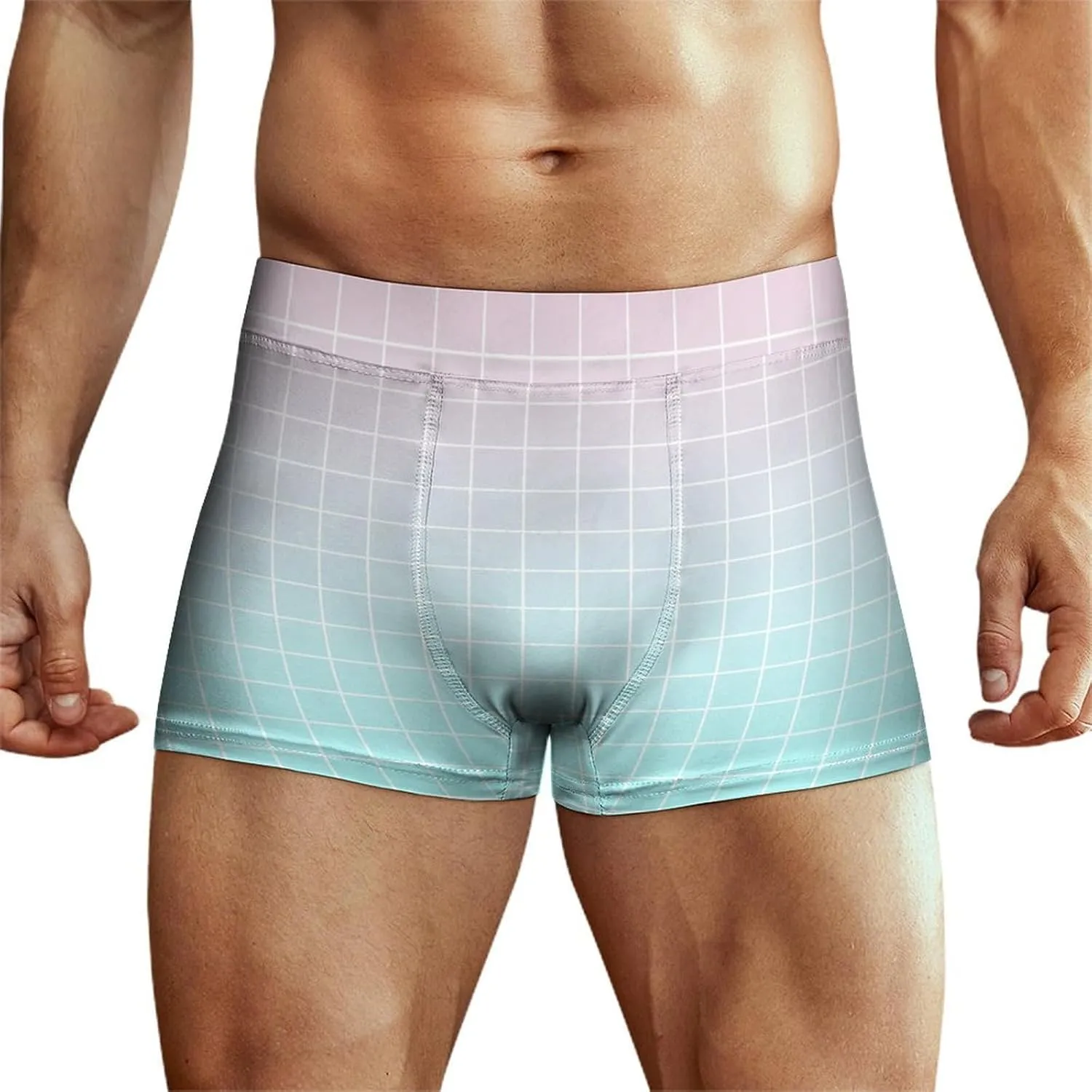 Aqua Pink Ombre Grid Print Mens Underwear, Soft Boxers for Men, Moisture-Wicking Breathable Boxer Briefs