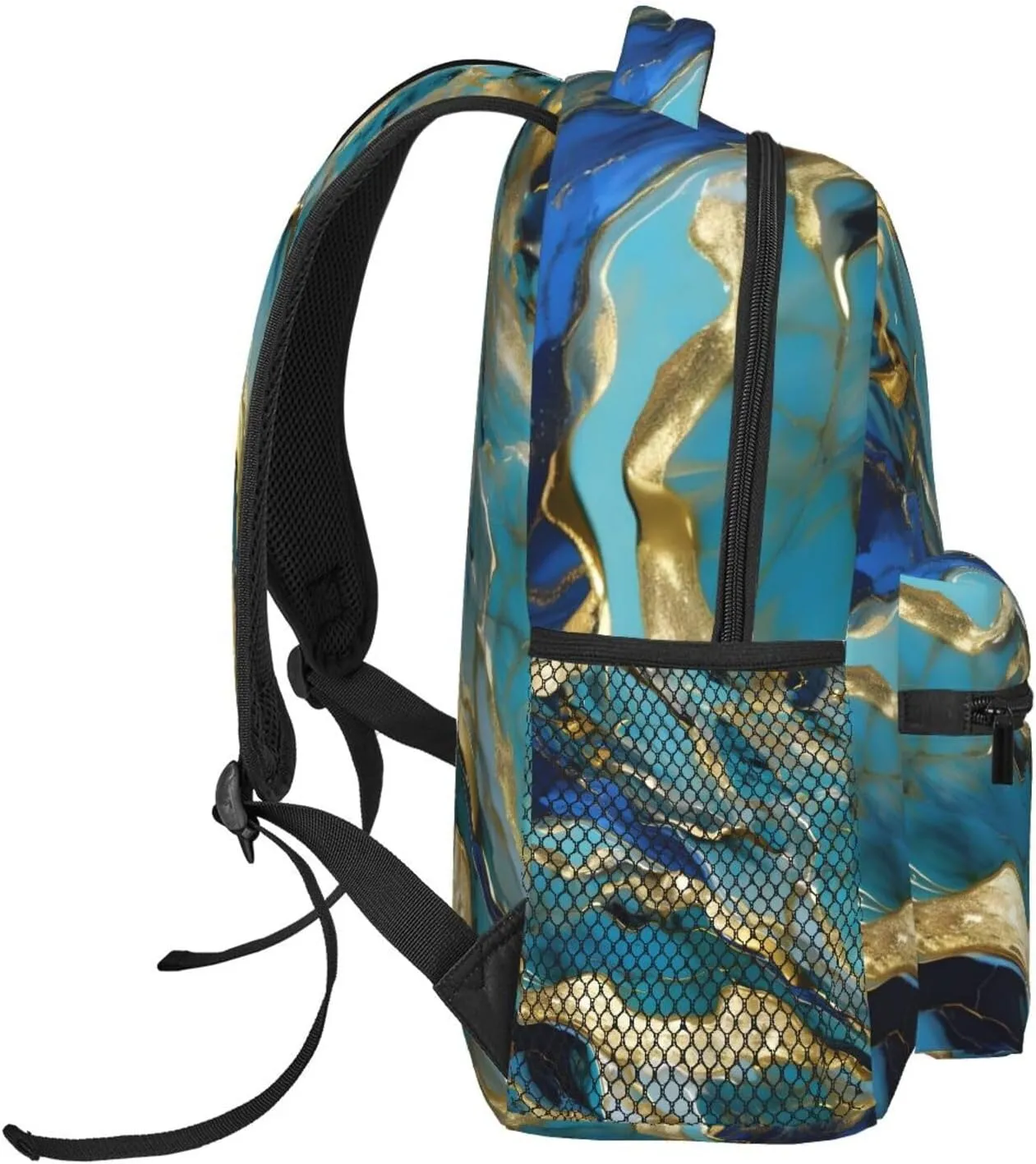 Azurite Teal and Foil Gold Oil Marble Pattern print Lightweight Bookbag Casual Laptop Backpack for Men Women College backpack