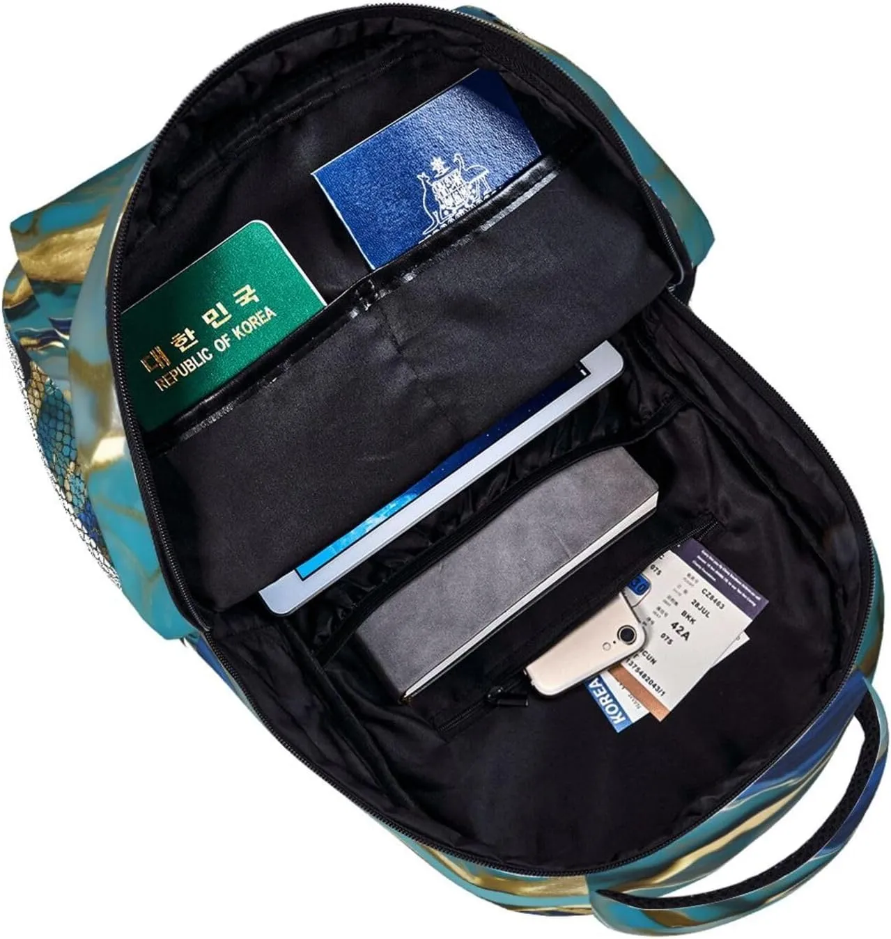 Azurite Teal and Foil Gold Oil Marble Pattern print Lightweight Bookbag Casual Laptop Backpack for Men Women College backpack