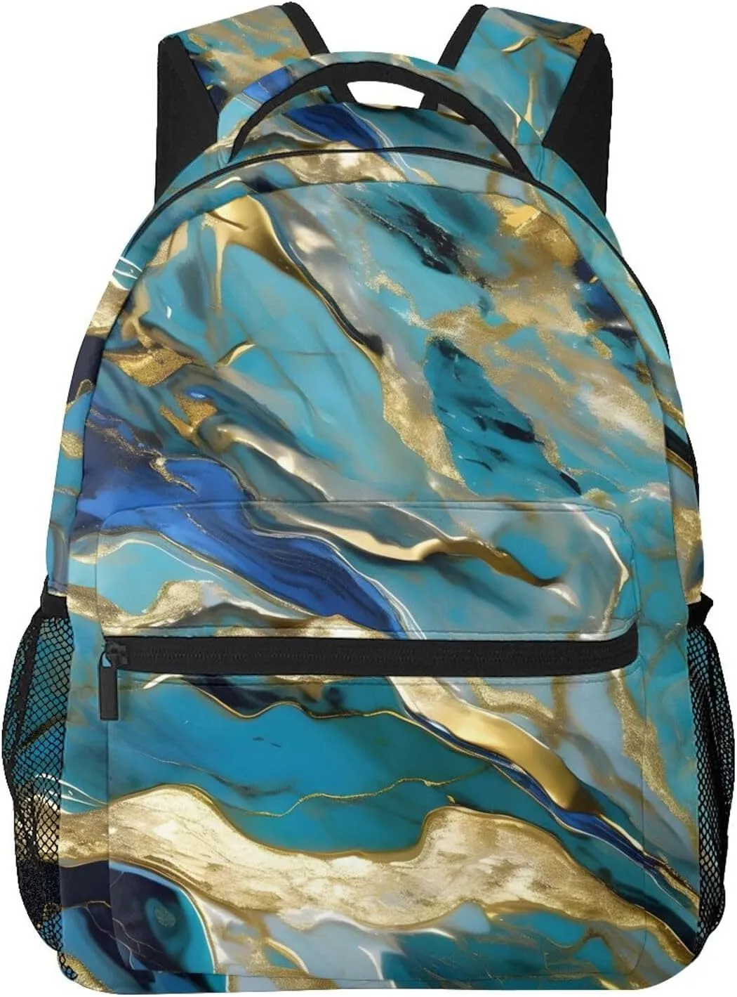 Azurite Teal and Foil Gold Oil Marble Pattern print Lightweight Bookbag Casual Laptop Backpack for Men Women College backpack