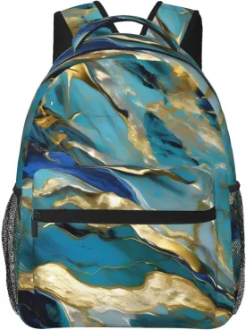Azurite Teal and Foil Gold Oil Marble Pattern print Lightweight Bookbag Casual Laptop Backpack for Men Women College backpack