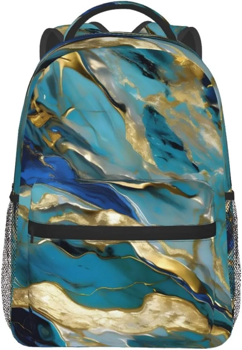 Azurite Teal and Foil Gold Oil Marble Pattern print Lightweight Bookbag Casual Laptop Backpack for Men Women College backpack