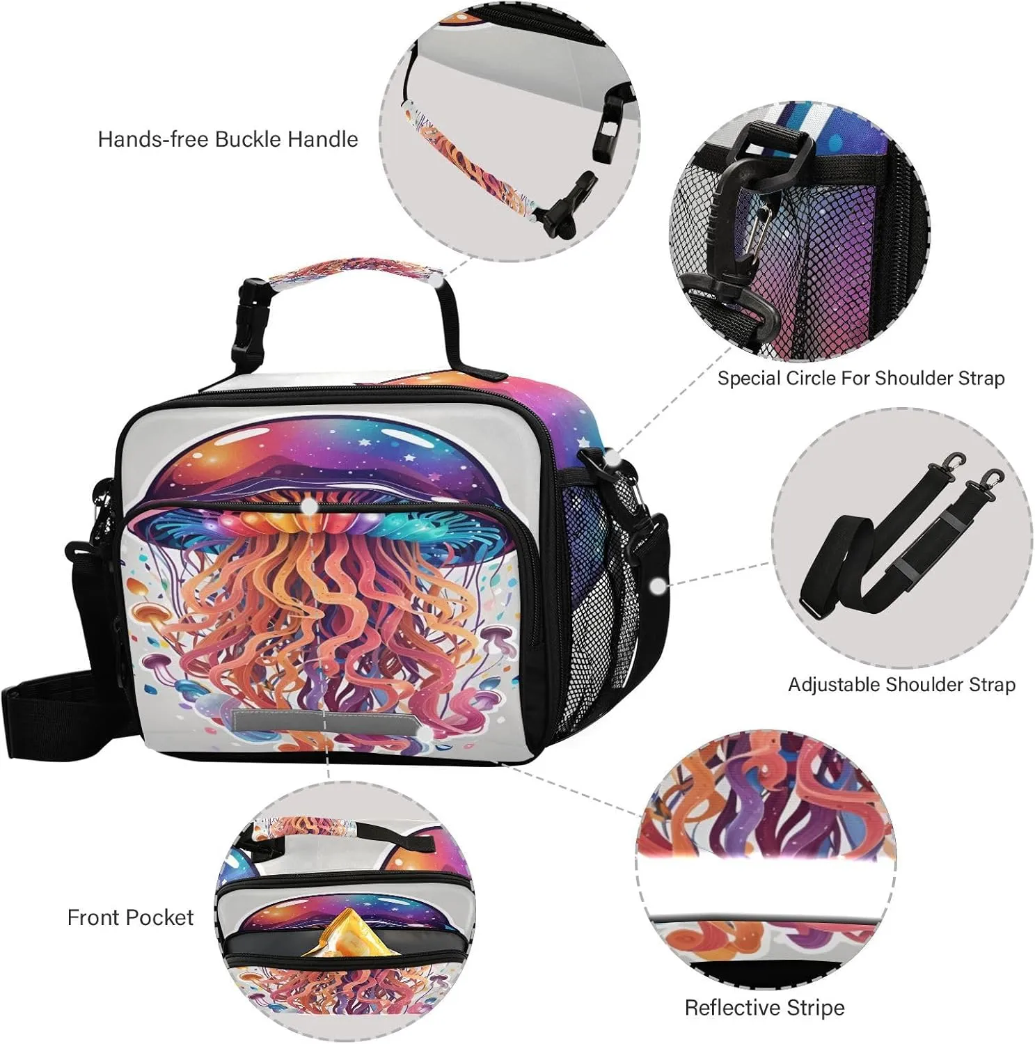 Cartoon Galaxy Jelly Fish Lunch Bag for Women Men Marine Insulated Cooler Tote Bag with Adjustable Shoulder Strap Large Capacity Picnic Lunch Box Outdoor for Adult Office