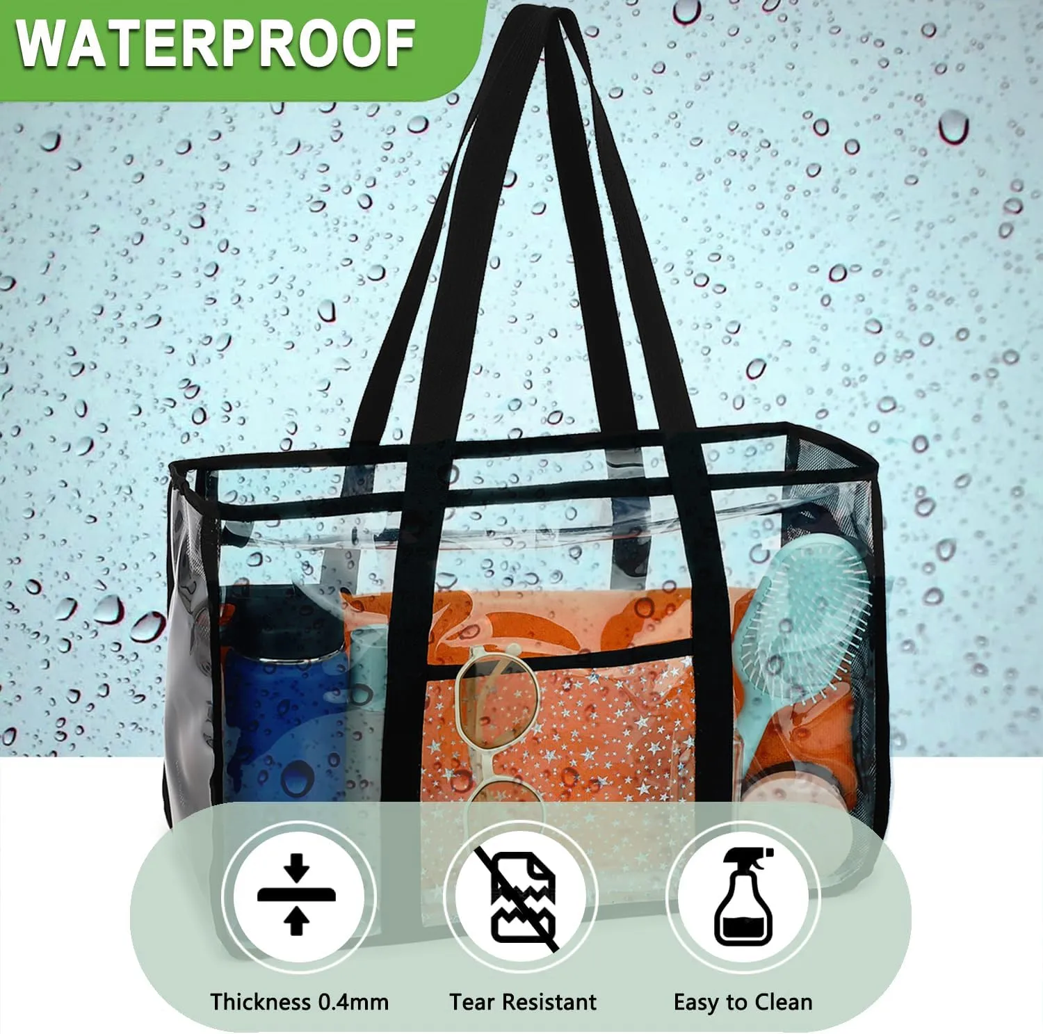 Clear Beach Bag for Women, Large Clear Tote Bag for Stadium Events - Zipper Closure, Waterproof, Sandproof