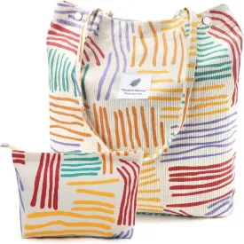 Corduroy Tote Bags, Travel Shoulder Beach Bag with Makeup Bag for Women Work Lunch Grocery Shopping Shopper Handbags