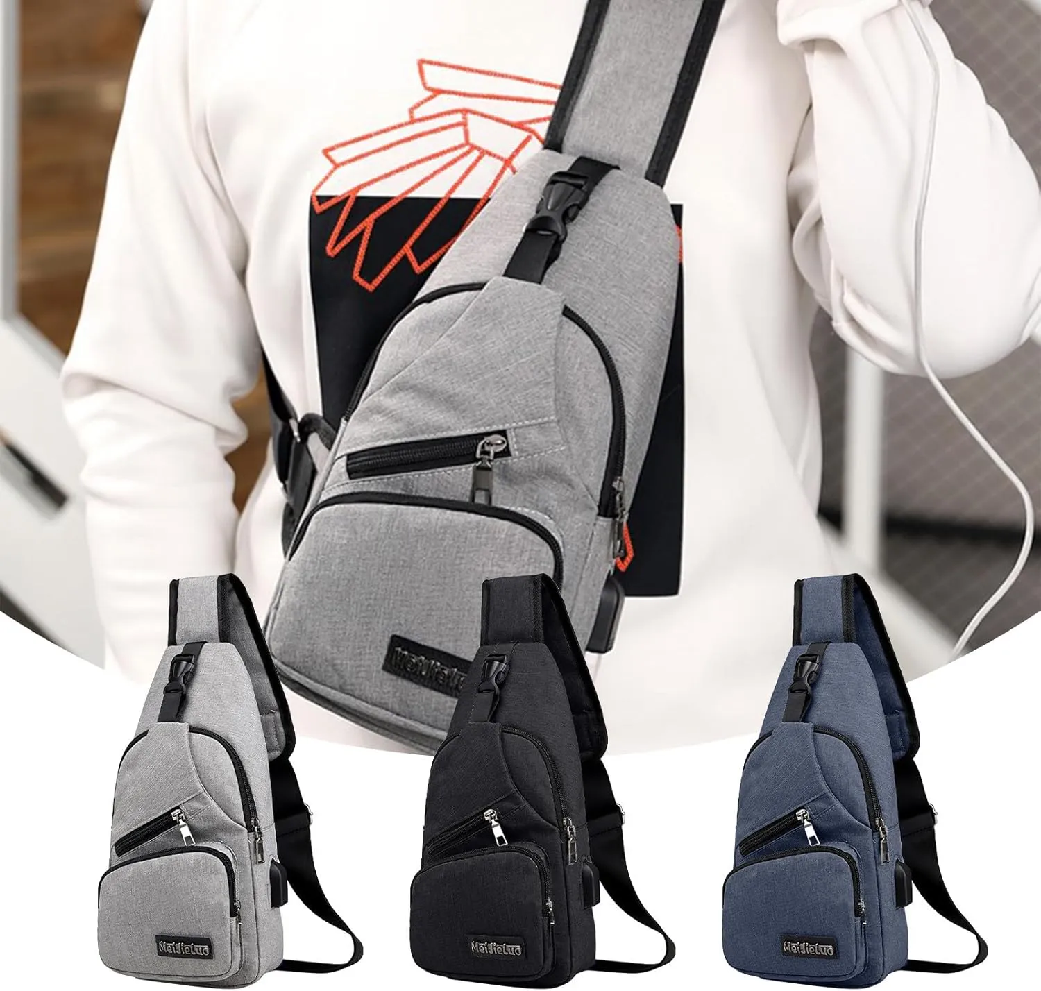 Crossbody Sling Bag, Water-Proof Crossbody Backpack/Shoulder Bag with USB Charging Port, Lightweight Shoulder Chest Bags (Dark Blue)