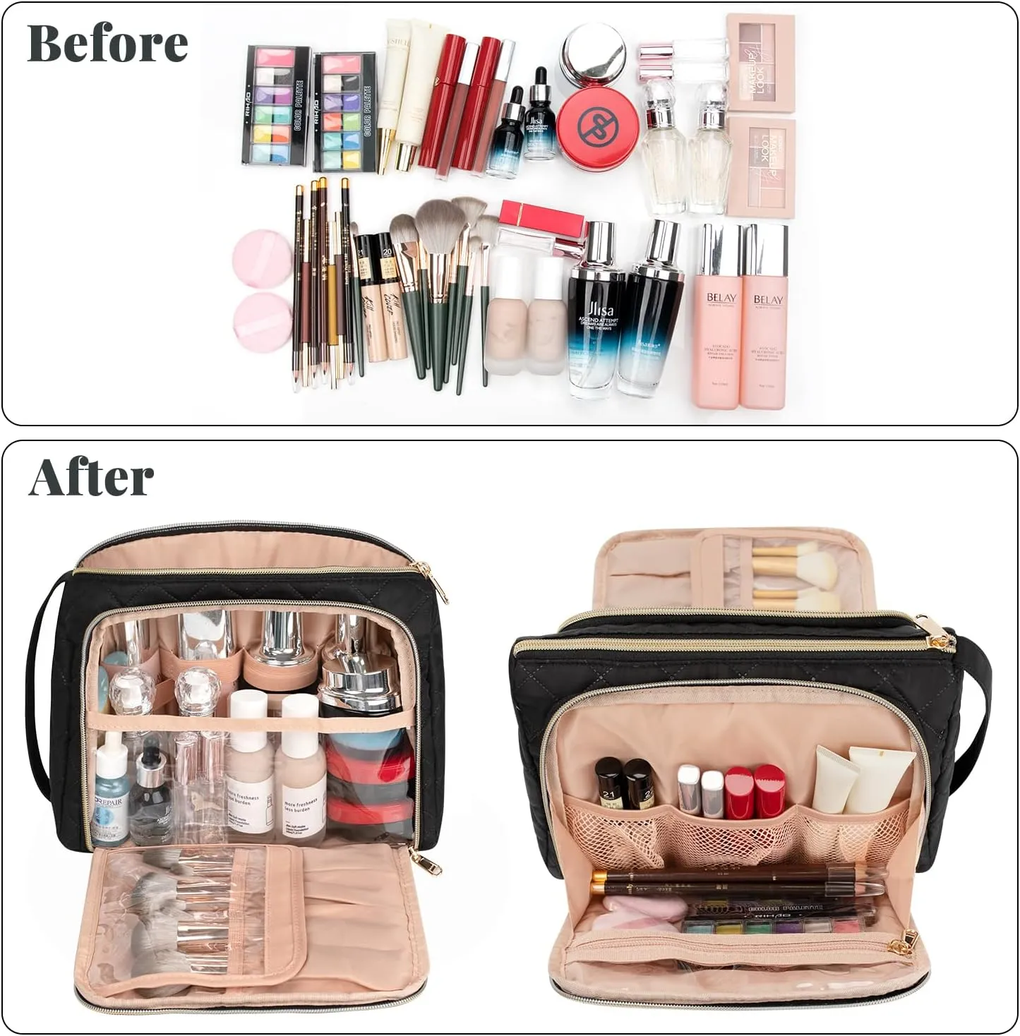 CUBETASTIC Travel Makeup Bag, Large Cosmetic Bag with Makeup Brush Comparment, Portable Make Up Organizer Zipper Pouches for Women and Girls, Travel Essentials Toiletry Bag
