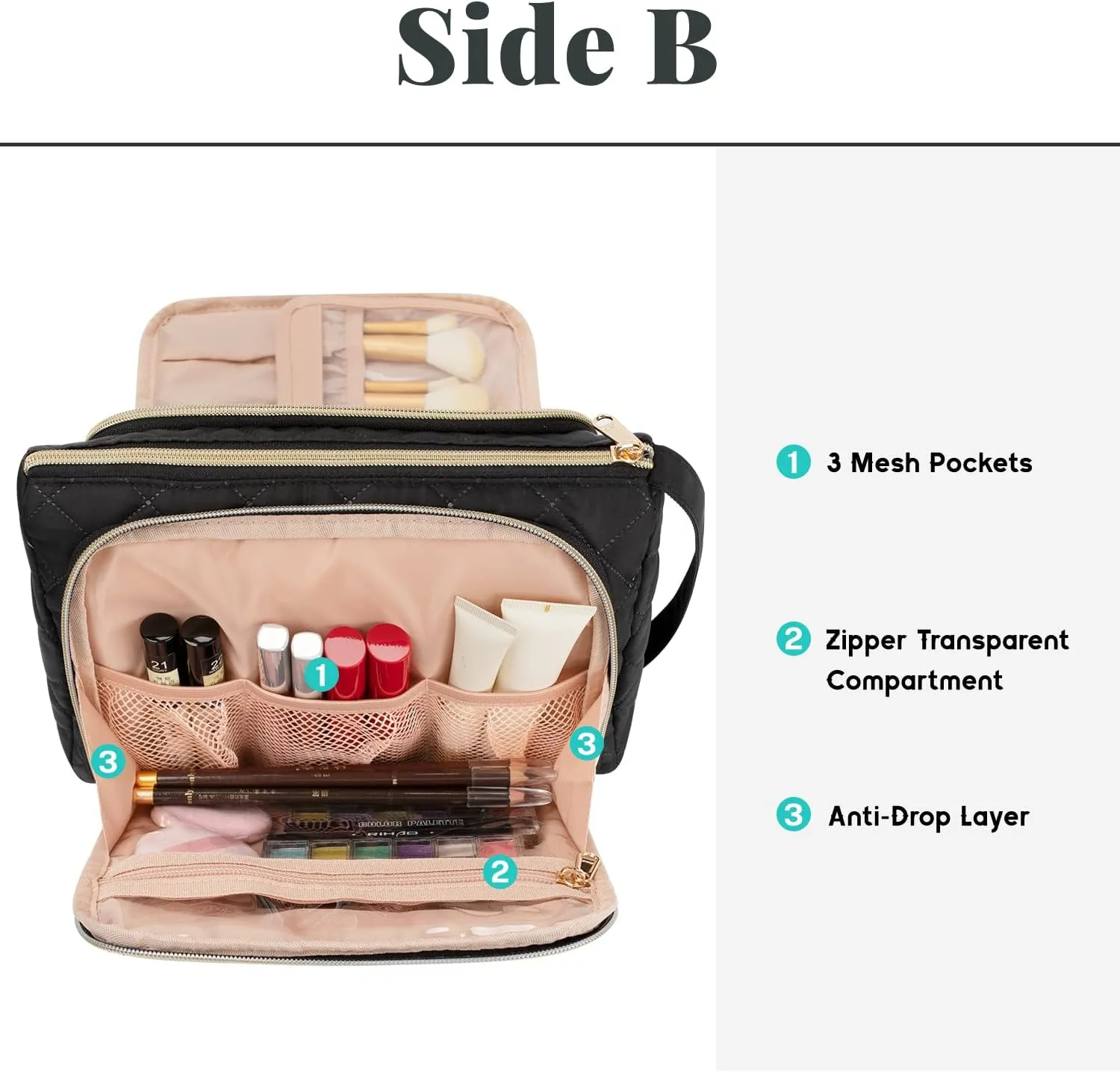 CUBETASTIC Travel Makeup Bag, Large Cosmetic Bag with Makeup Brush Comparment, Portable Make Up Organizer Zipper Pouches for Women and Girls, Travel Essentials Toiletry Bag