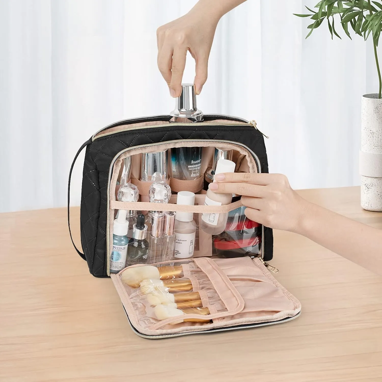 CUBETASTIC Travel Makeup Bag, Large Cosmetic Bag with Makeup Brush Comparment, Portable Make Up Organizer Zipper Pouches for Women and Girls, Travel Essentials Toiletry Bag