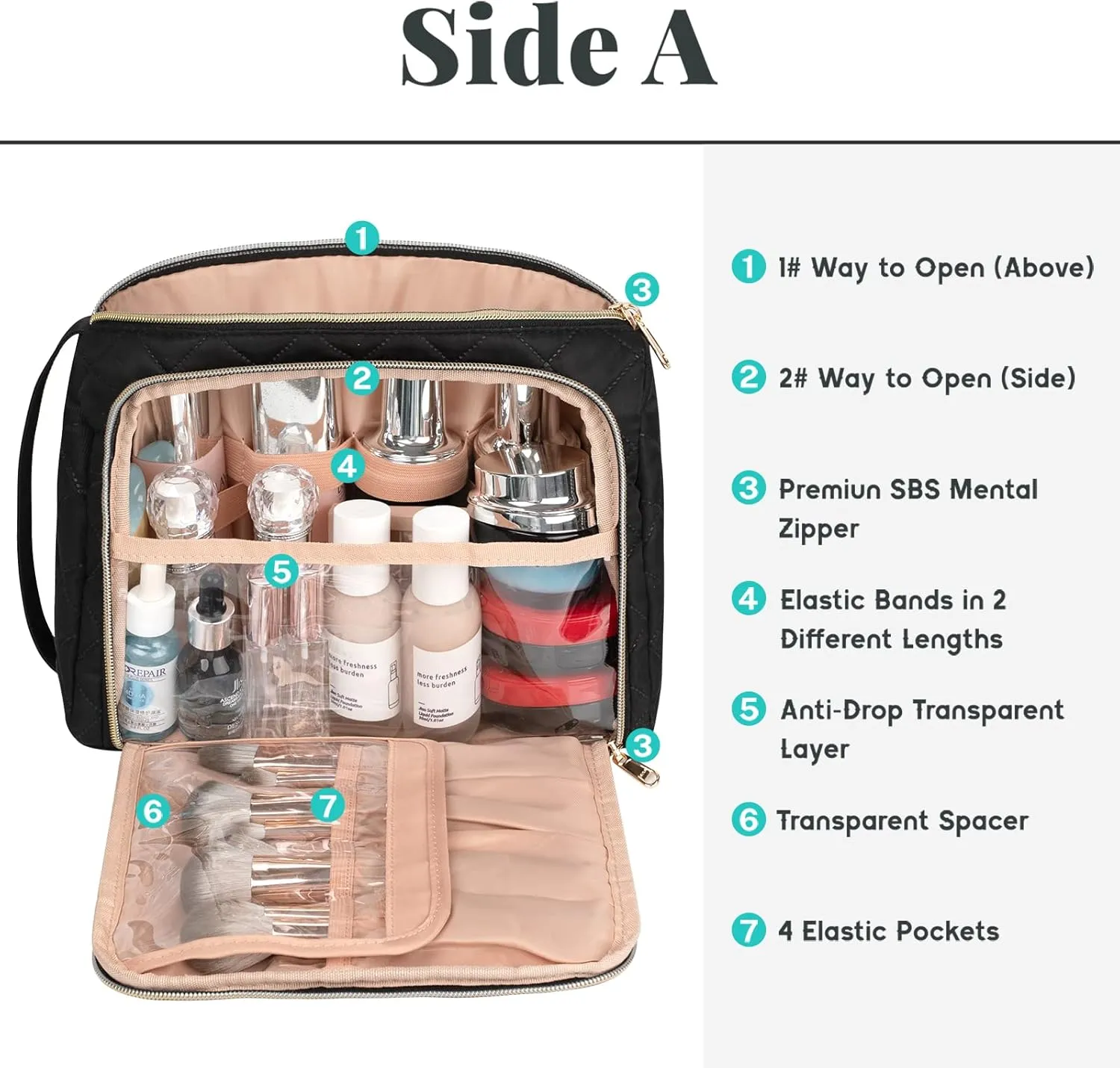 CUBETASTIC Travel Makeup Bag, Large Cosmetic Bag with Makeup Brush Comparment, Portable Make Up Organizer Zipper Pouches for Women and Girls, Travel Essentials Toiletry Bag