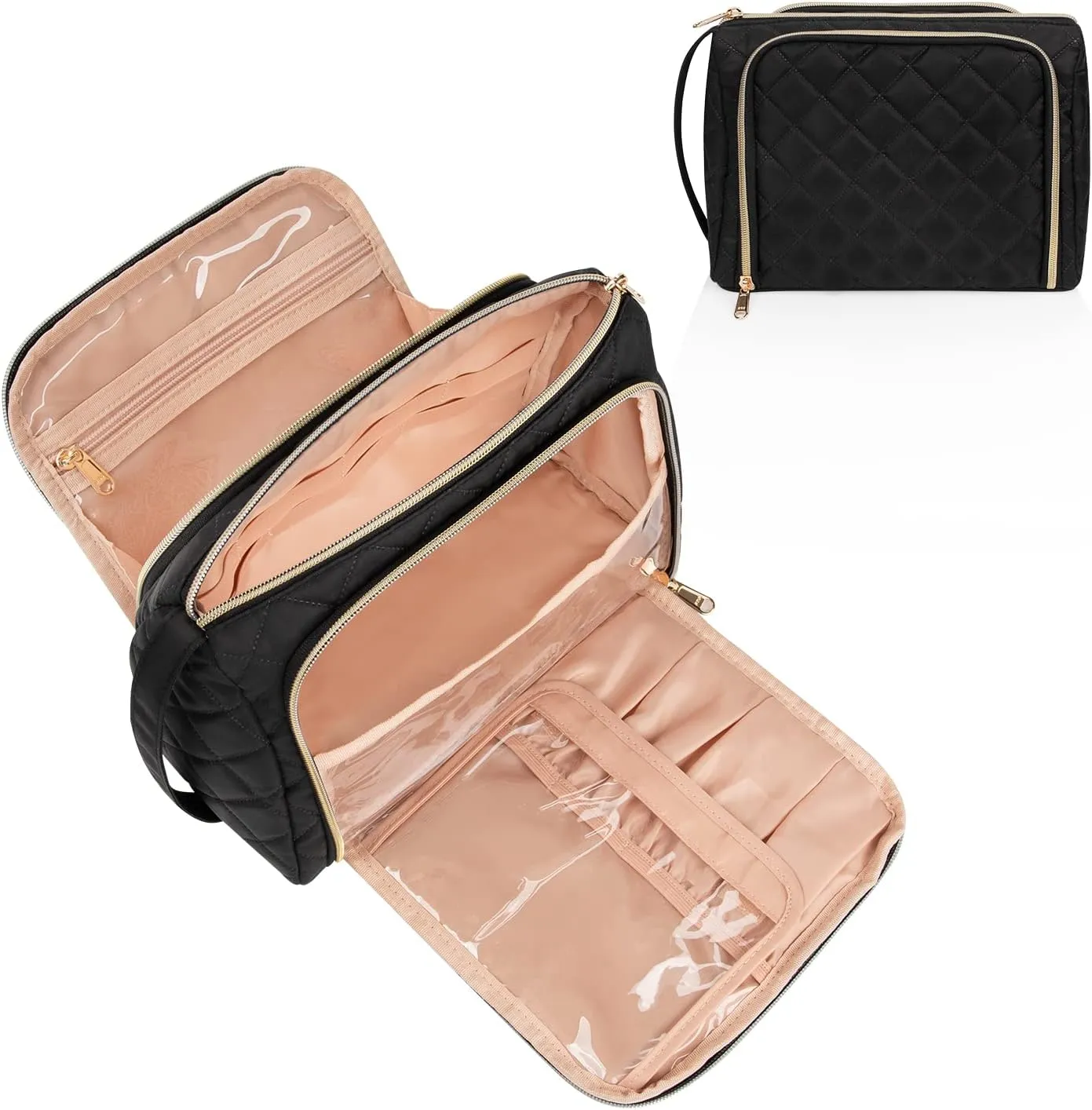 CUBETASTIC Travel Makeup Bag, Large Cosmetic Bag with Makeup Brush Comparment, Portable Make Up Organizer Zipper Pouches for Women and Girls, Travel Essentials Toiletry Bag