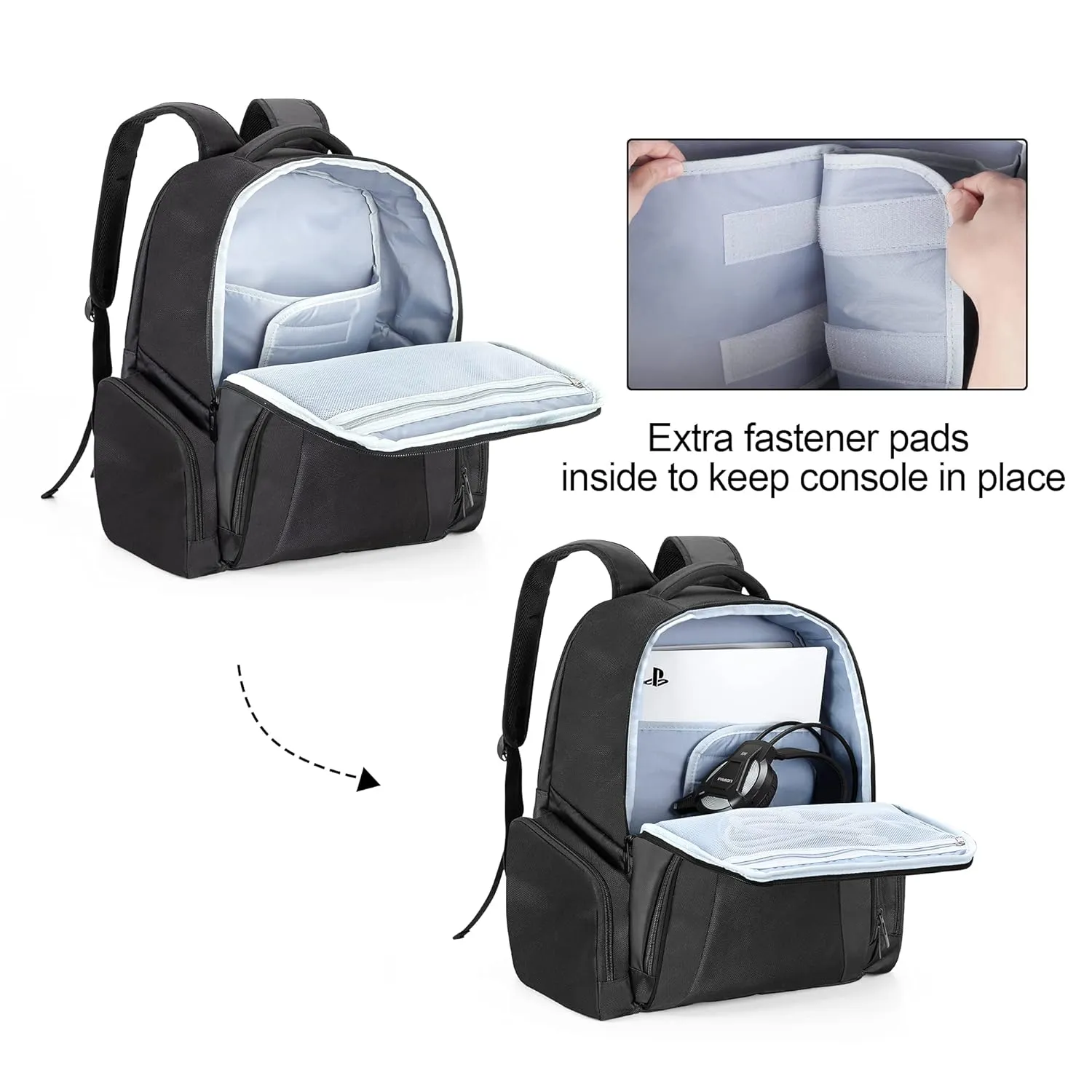 CURMIO Carrying Case Compatible with PS5/ PS4/ PS4 Pro/ Xbox Series S, Xbox One/ One S/ One X, Xbox 360/ 360 Slim, Travel Backpack for Game Console and Controller, Discs, Black Stripe (Bag Only)