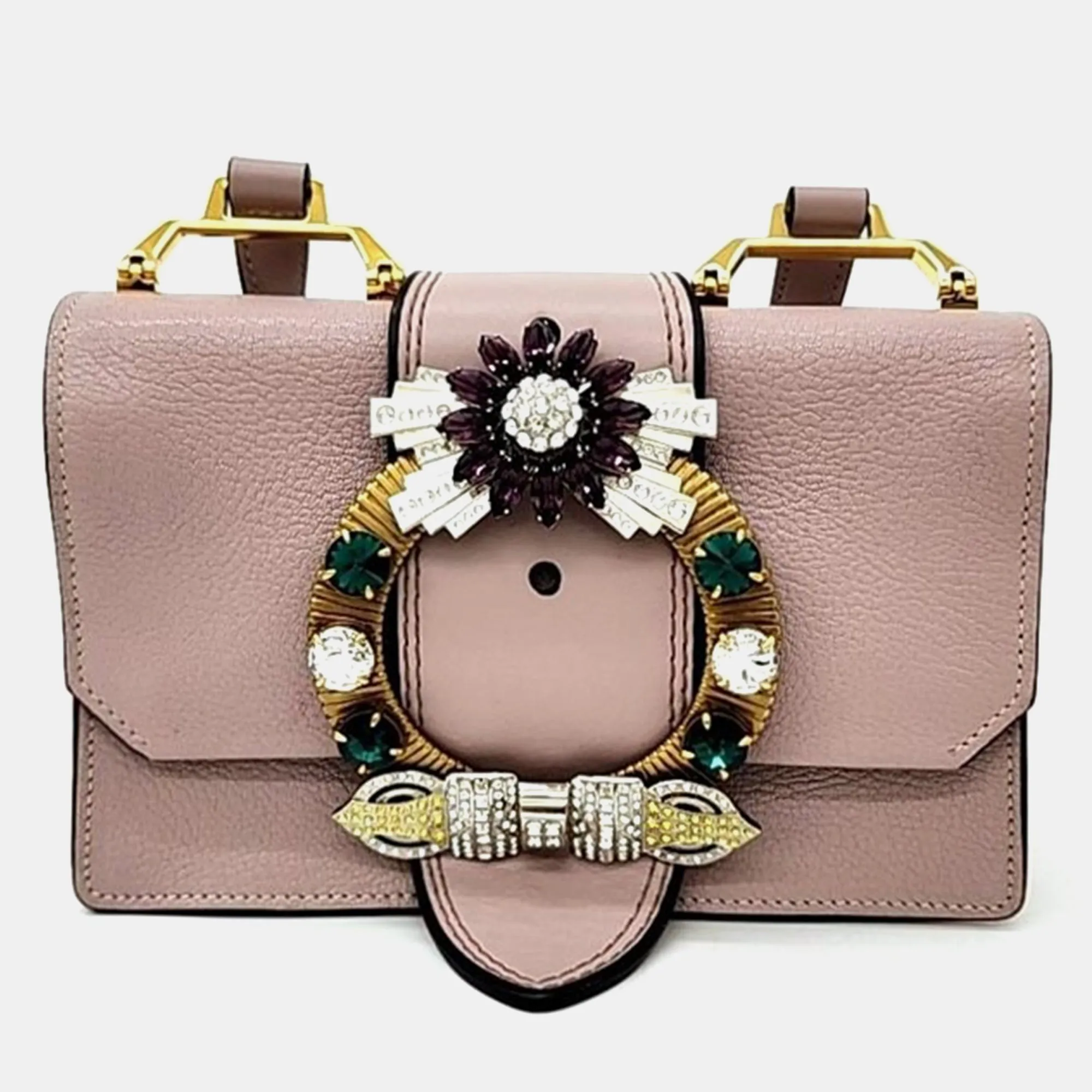 Dusty Pink Madras Leather Crystal Embellished Buckle Flap Shoulder Bag