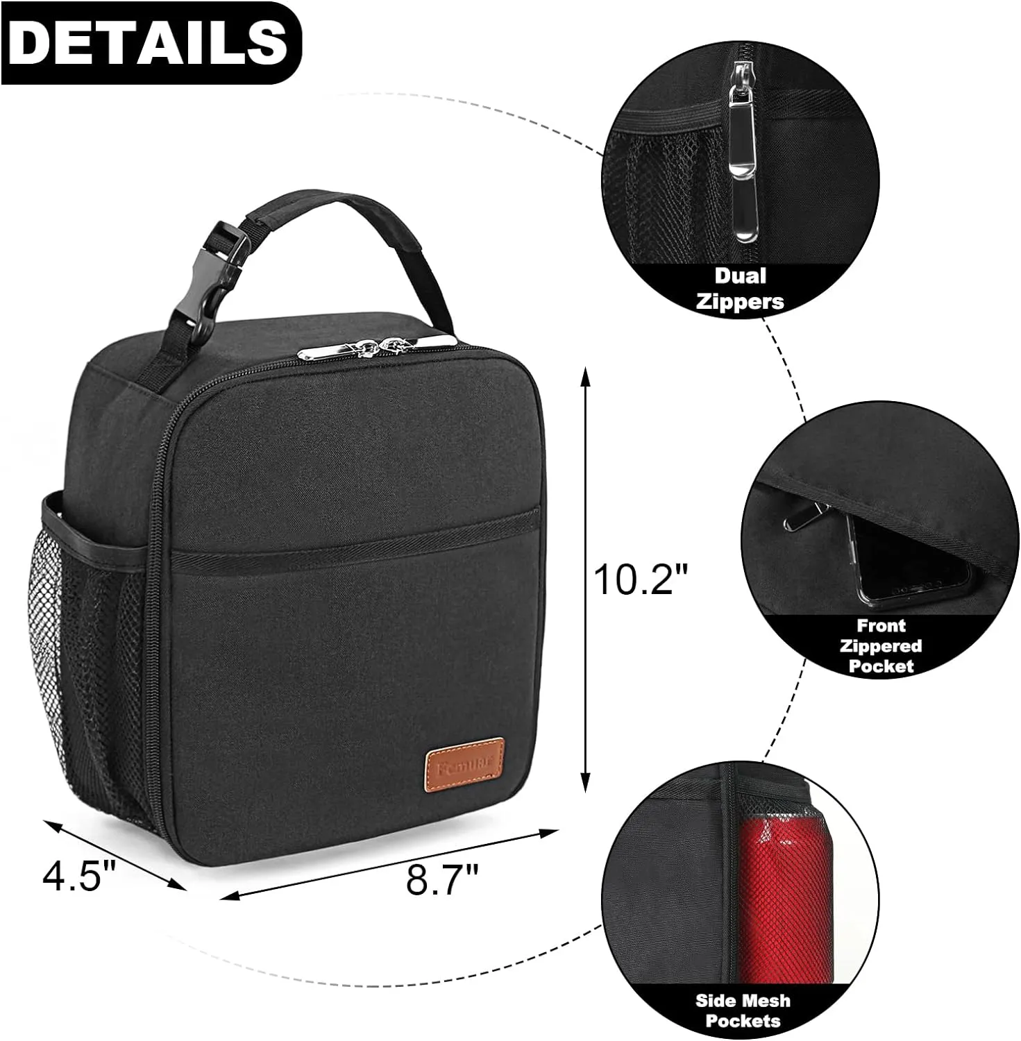 Femuar Lunch Box for Men Women Adults, Small Lunchbox for Work Picnic - Reusable Lunch bag Portable Lunch tote, Black
