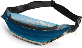 Greek Island Sea View Belt Bag with Adjustable Strap, Lightweight Travel Crossbody Bags, Hands-Free Mini Fanny Packs in Running Gym