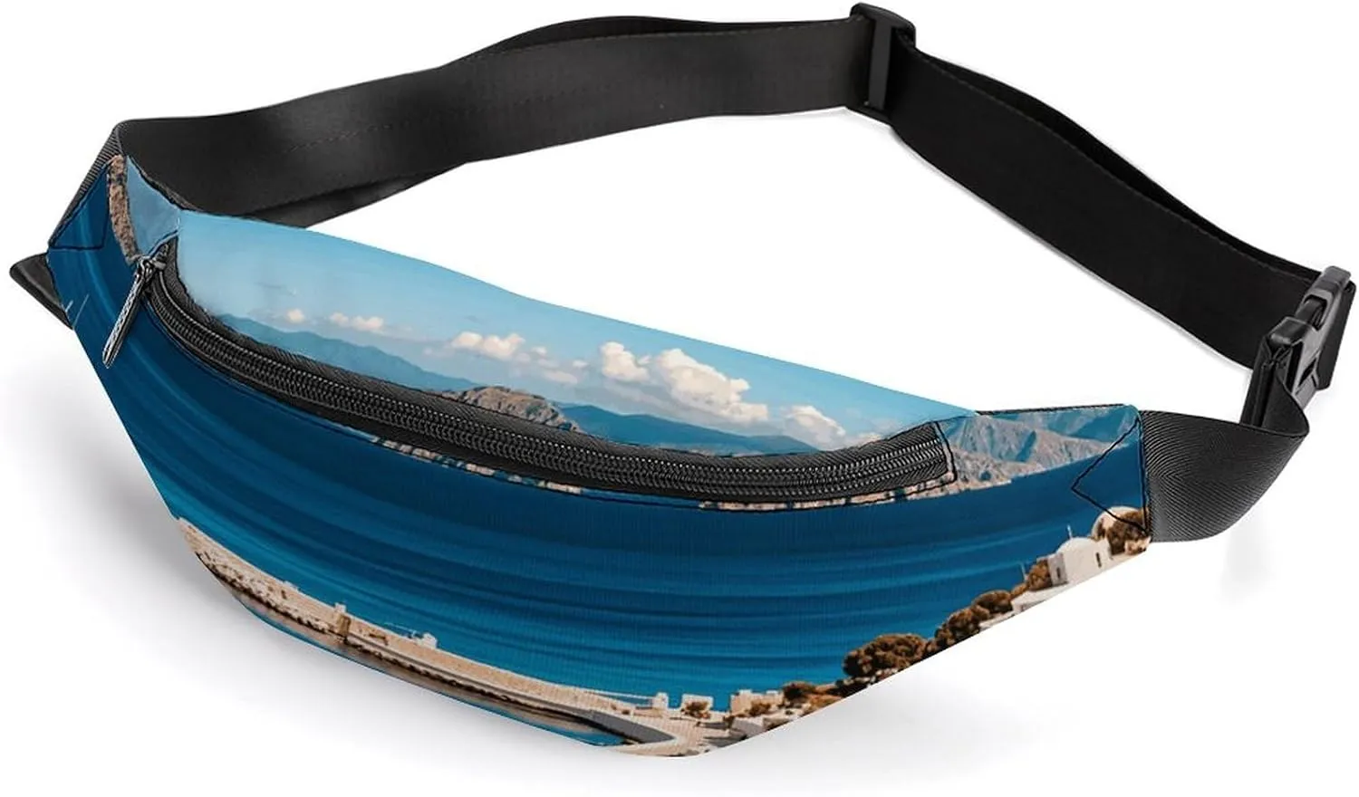 Greek Island Sea View Belt Bag with Adjustable Strap, Lightweight Travel Crossbody Bags, Hands-Free Mini Fanny Packs in Running Gym