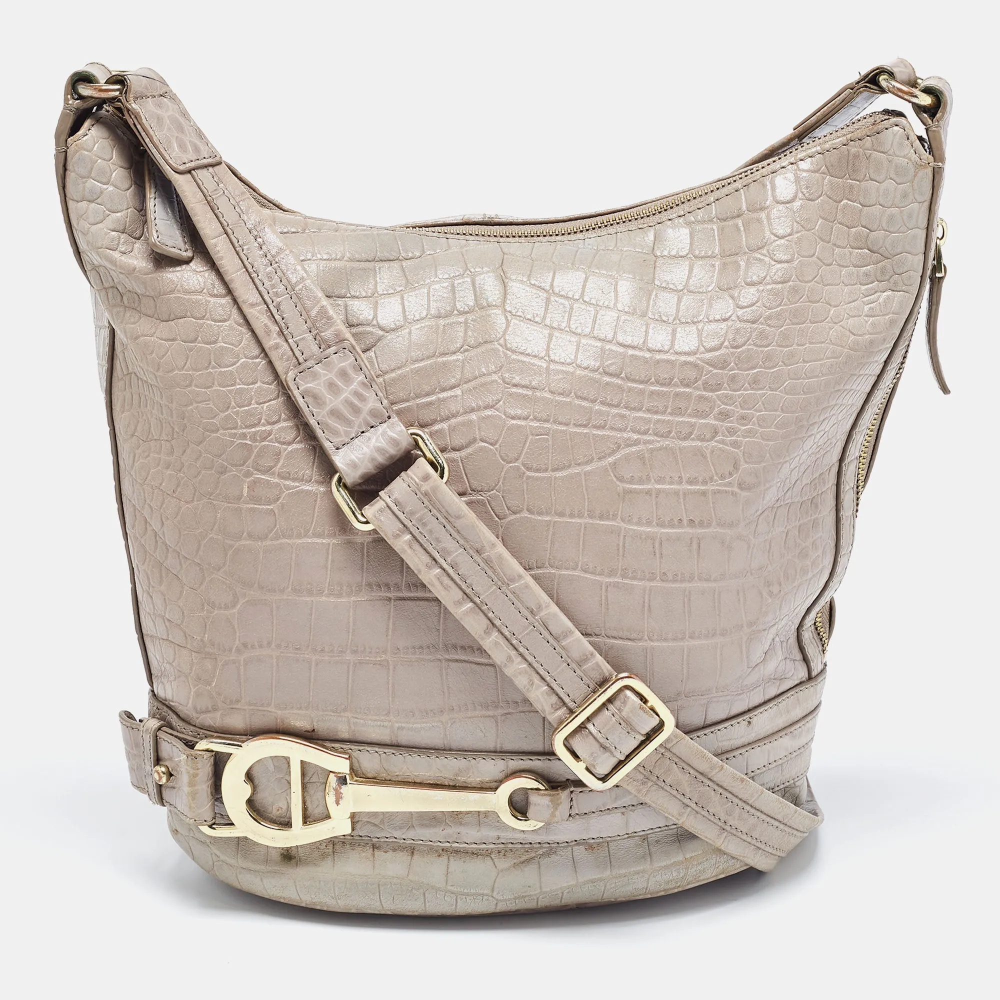 Grey Croc Embossed Leather Hobo