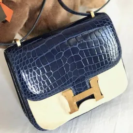 Hermès Constance 18 Bleu Saphir Crocodile Niloticus Lisse Gold Hardware GHW