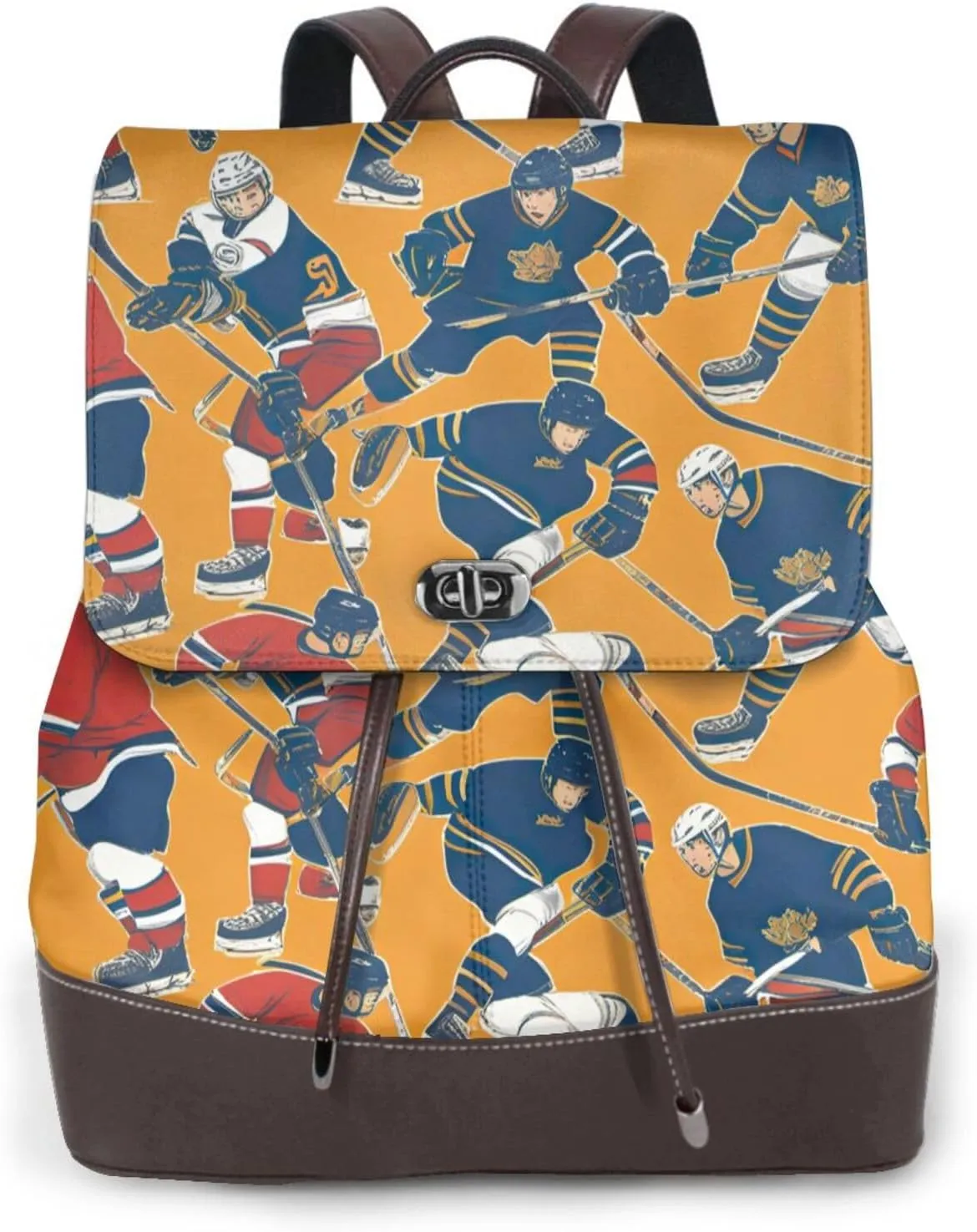 hockey Print Women's PU Leather Backpack, Fashion, Work, Journey Daily Use - Chestnut Brown