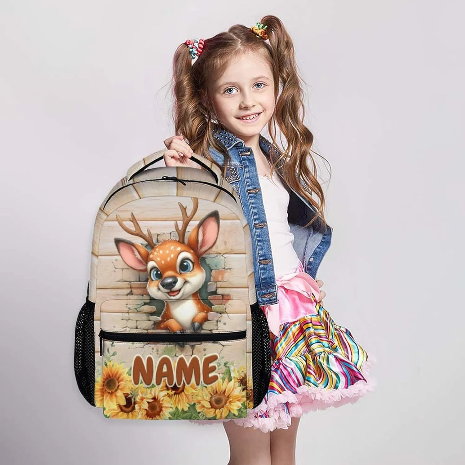 Kids Backpack, Custom Cute Deer Backpack for Boys Girls 6-8, 17 Inch Animal Themed Bookbag for School Hiking Camping