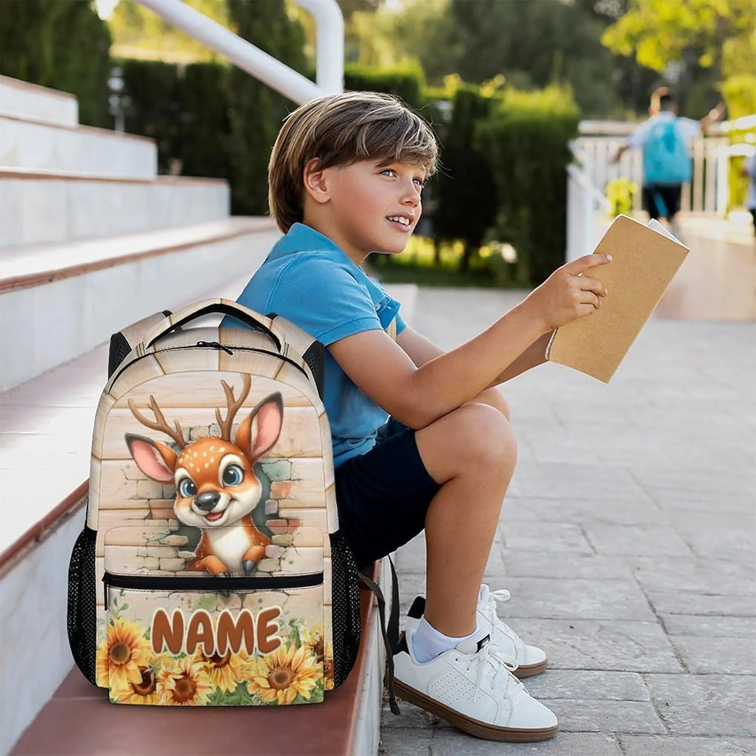 Kids Backpack, Custom Cute Deer Backpack for Boys Girls 6-8, 17 Inch Animal Themed Bookbag for School Hiking Camping