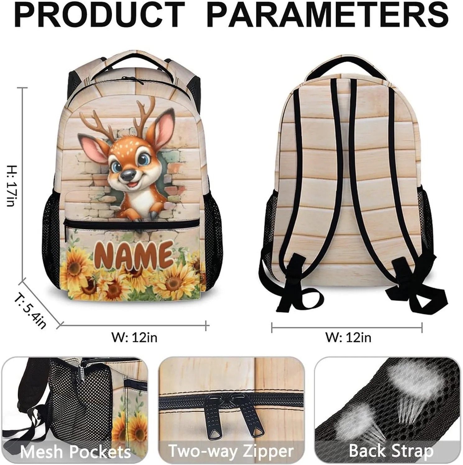 Kids Backpack, Custom Cute Deer Backpack for Boys Girls 6-8, 17 Inch Animal Themed Bookbag for School Hiking Camping