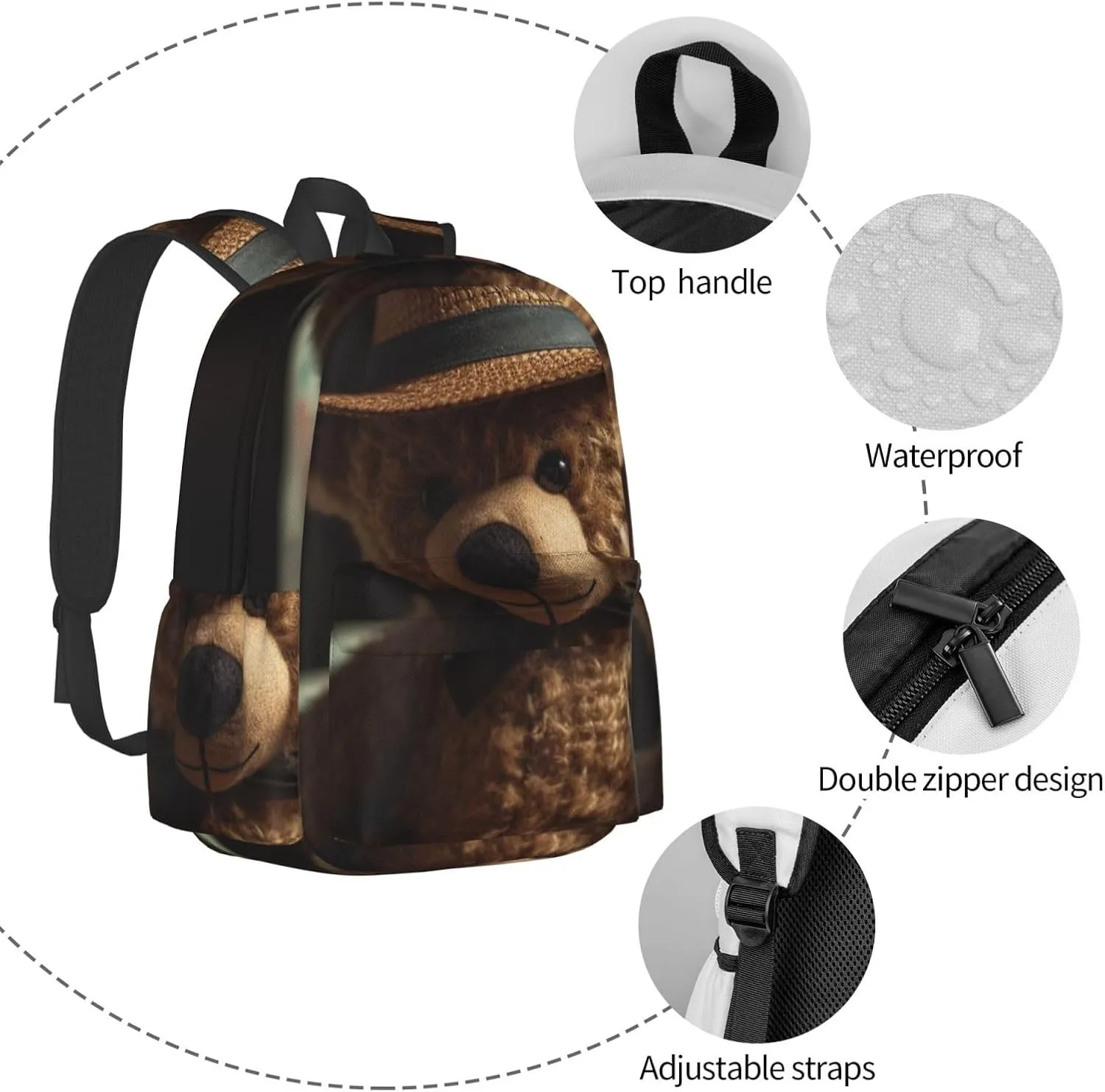Laptop Backpack for Men Women Lightweight Backpack Bear Wearing Hat Casual Daypack with Bottle Side Pockets
