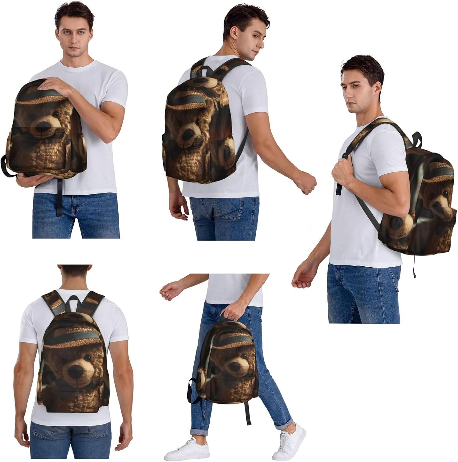 Laptop Backpack for Men Women Lightweight Backpack Bear Wearing Hat Casual Daypack with Bottle Side Pockets