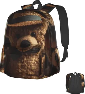 Laptop Backpack for Men Women Lightweight Backpack Bear Wearing Hat Casual Daypack with Bottle Side Pockets