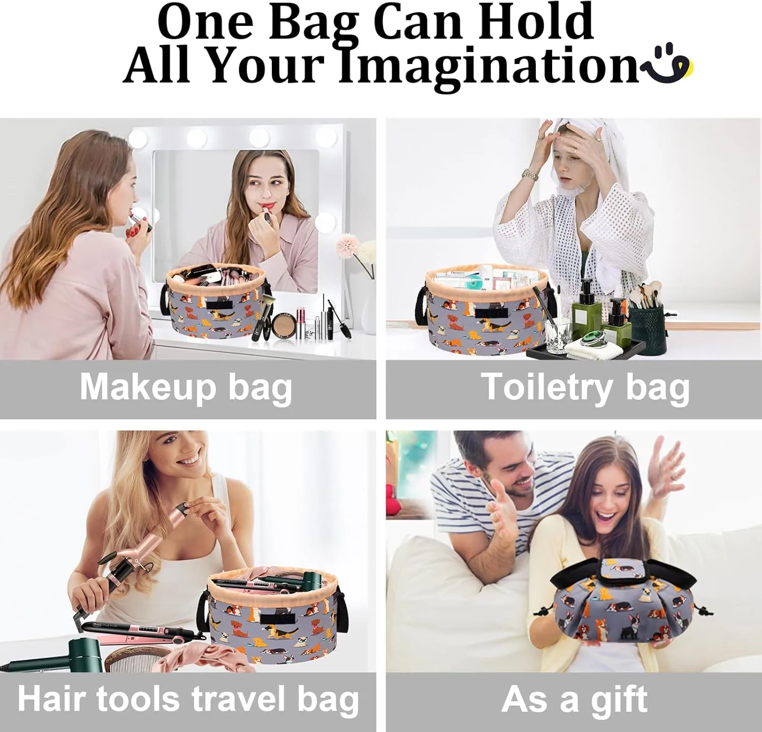 Large Barrel Drawstring Makeup Bag,Travel Makeup Bag,Portable Cosmetic Bag Make Up Organizer Bag for Travel Accessories Essentials and Hair Product,Gifts for Women Girls(dog makeup bag)
