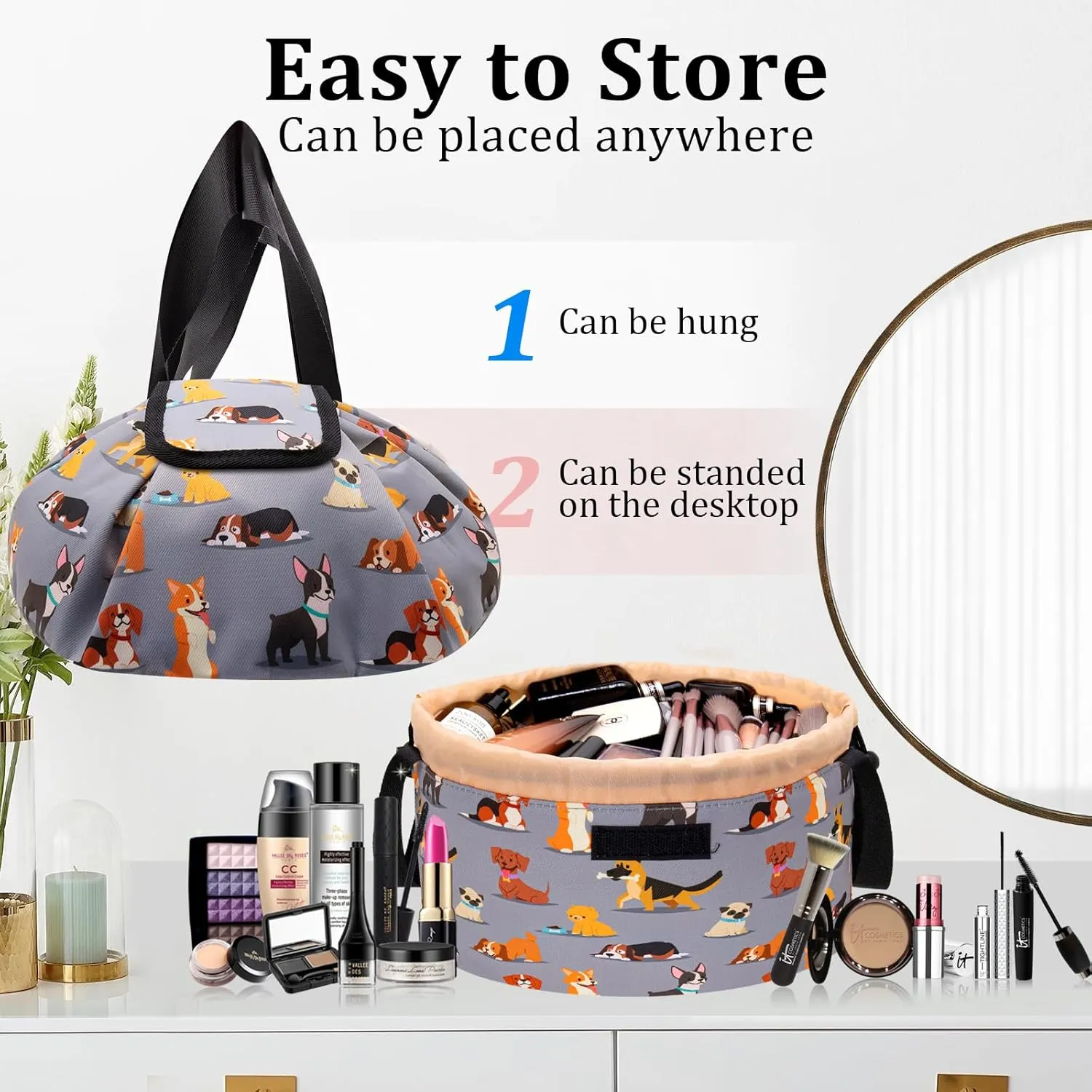Large Barrel Drawstring Makeup Bag,Travel Makeup Bag,Portable Cosmetic Bag Make Up Organizer Bag for Travel Accessories Essentials and Hair Product,Gifts for Women Girls(dog makeup bag)