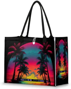 Large Travel Utility Tote Bag for Women Reusable Shopping Bags with Handles Neon Beach Coconut Tree Print Aesthetic Bolsos Para Mujeres Cute Canvas Bag for Beach School Work Grocery