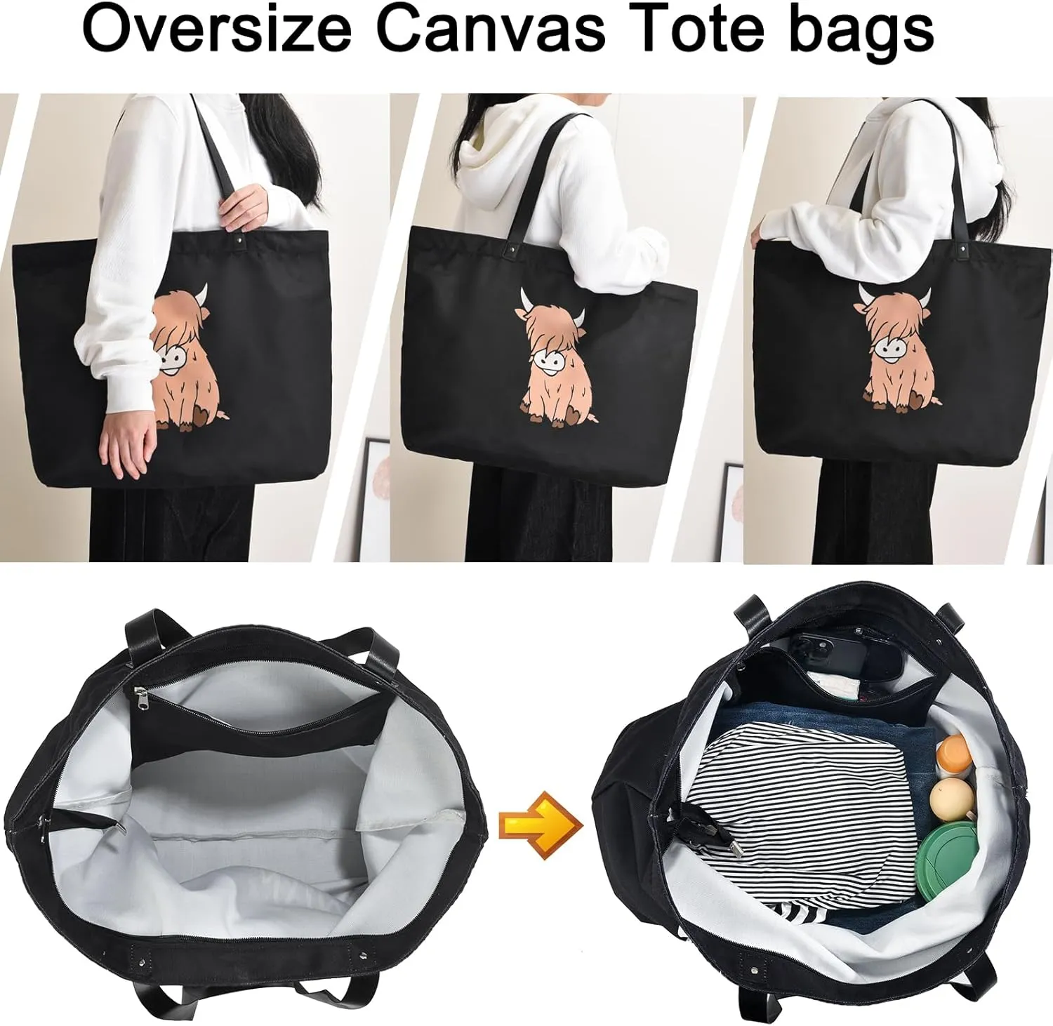 LEMEDE 30L Zip Grocery Bag - WYSIWYG,Minimalist Style Tote Bag,Wide Handheld to Reduce Shoulder Pressure,Gift for women
