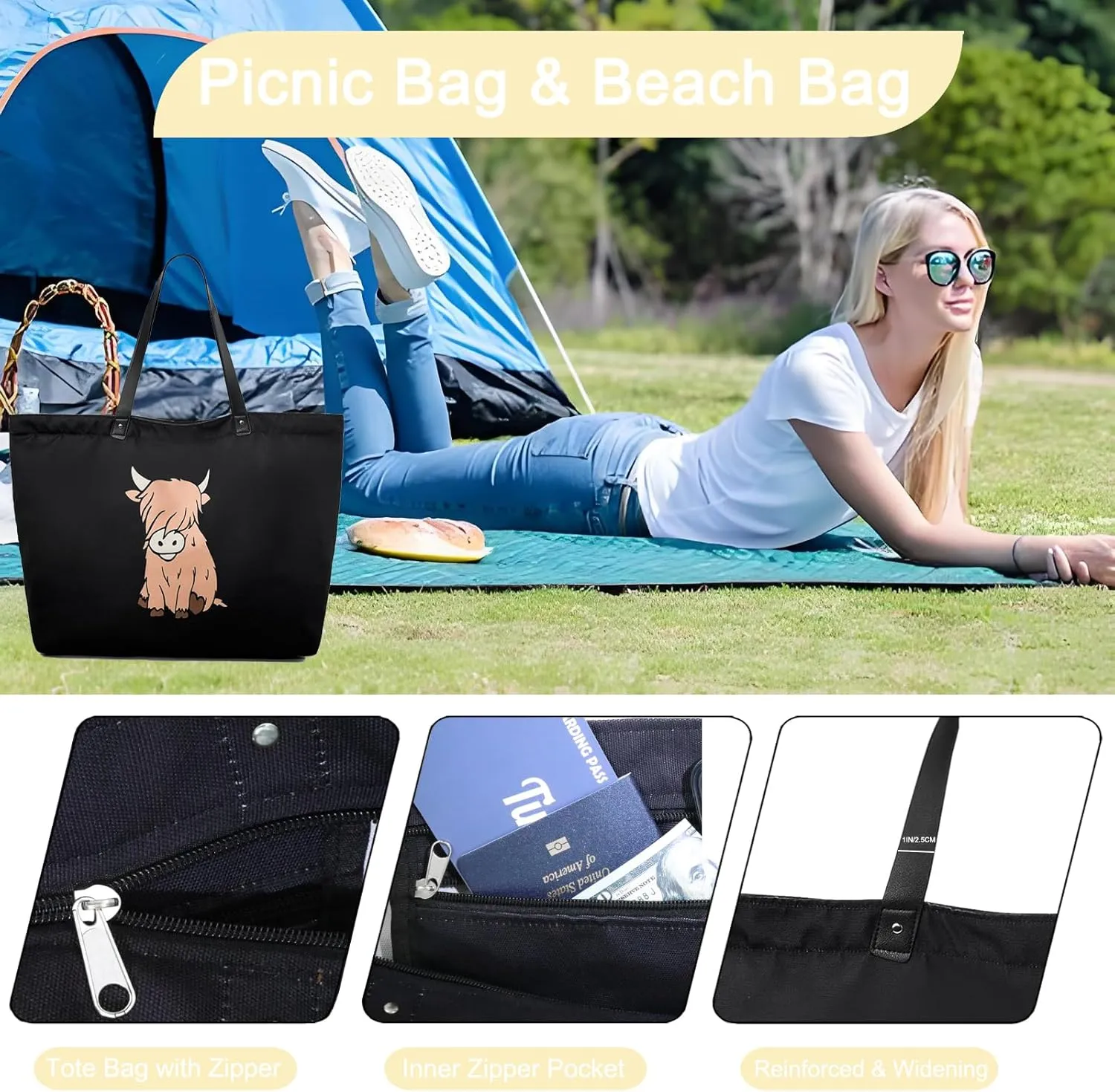LEMEDE 30L Zip Grocery Bag - WYSIWYG,Minimalist Style Tote Bag,Wide Handheld to Reduce Shoulder Pressure,Gift for women