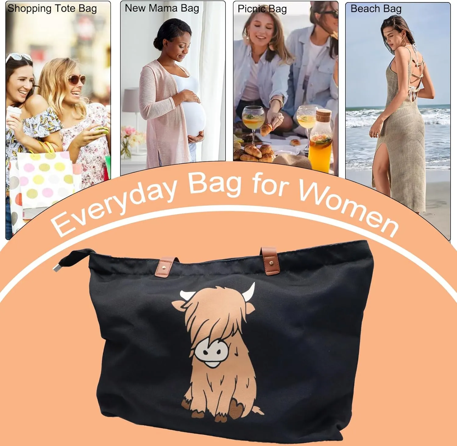 LEMEDE 30L Zip Grocery Bag - WYSIWYG,Minimalist Style Tote Bag,Wide Handheld to Reduce Shoulder Pressure,Gift for women