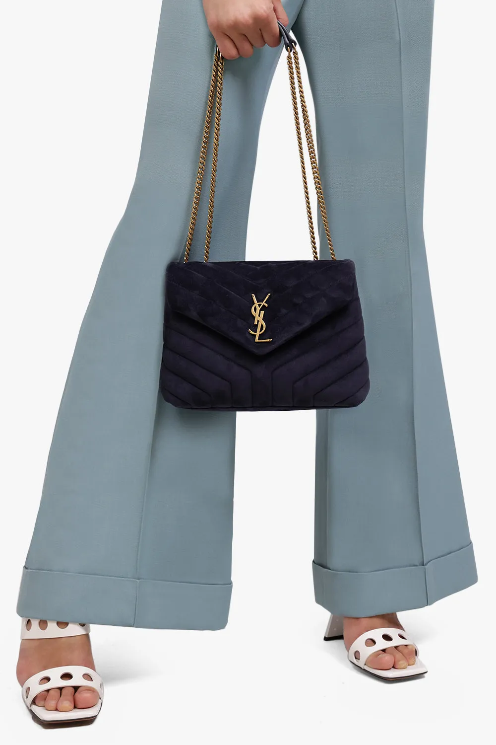 LOULOU SMALL FLAP BAG SUEDE DEEP MARINE/GOLD