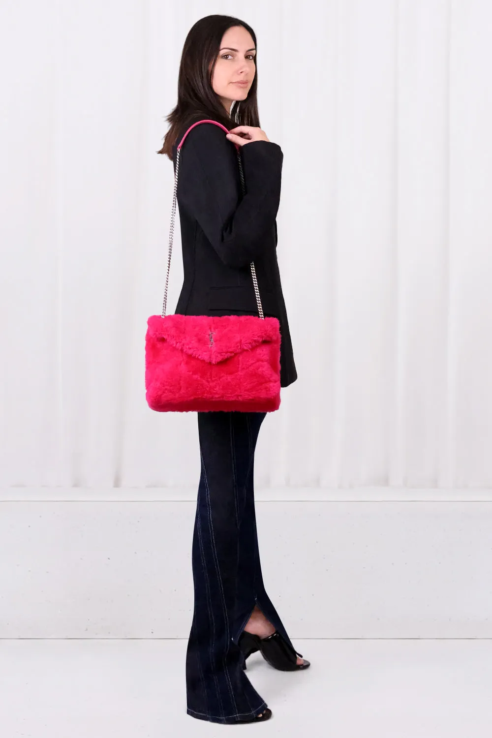 LOULOU SMALL SHEARLING PUFFER BAG | FUSCHIA