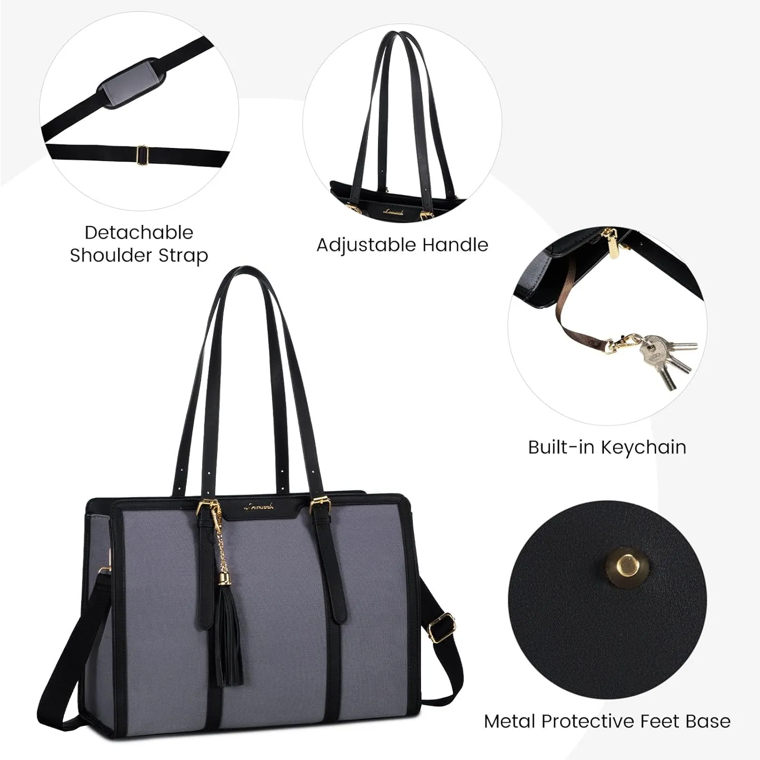 LOVEVOOK Laptop Bag for Women - 15.6 inch Lightweight Canvas Laptop Tote, Large Capacity Computer Bag with Clutch Purse for Business, Work, Travel, School (Iron Blue Grey & Black, 15.6 Inch)