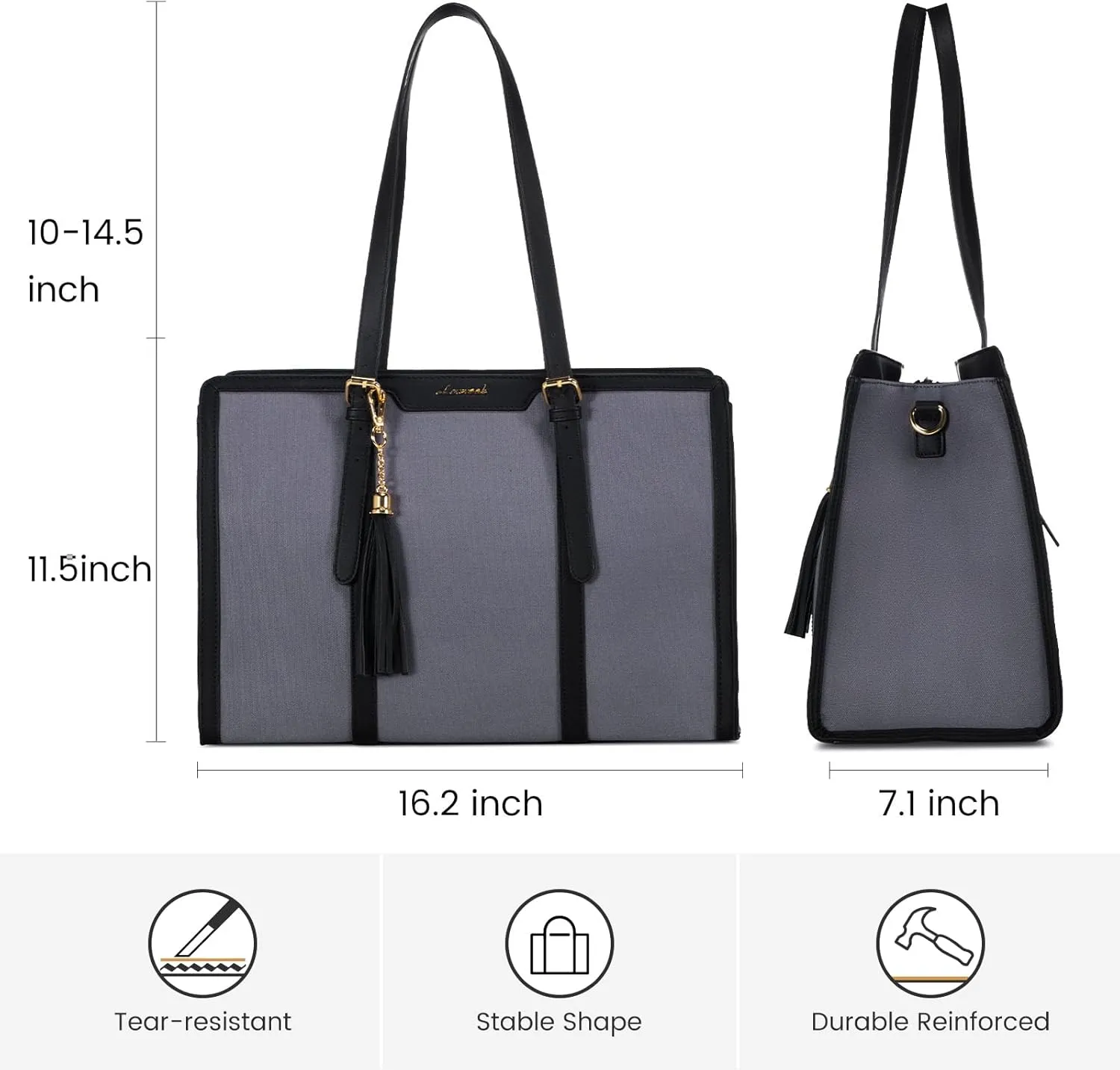 LOVEVOOK Laptop Bag for Women - 15.6 inch Lightweight Canvas Laptop Tote, Large Capacity Computer Bag with Clutch Purse for Business, Work, Travel, School (Iron Blue Grey & Black, 15.6 Inch)