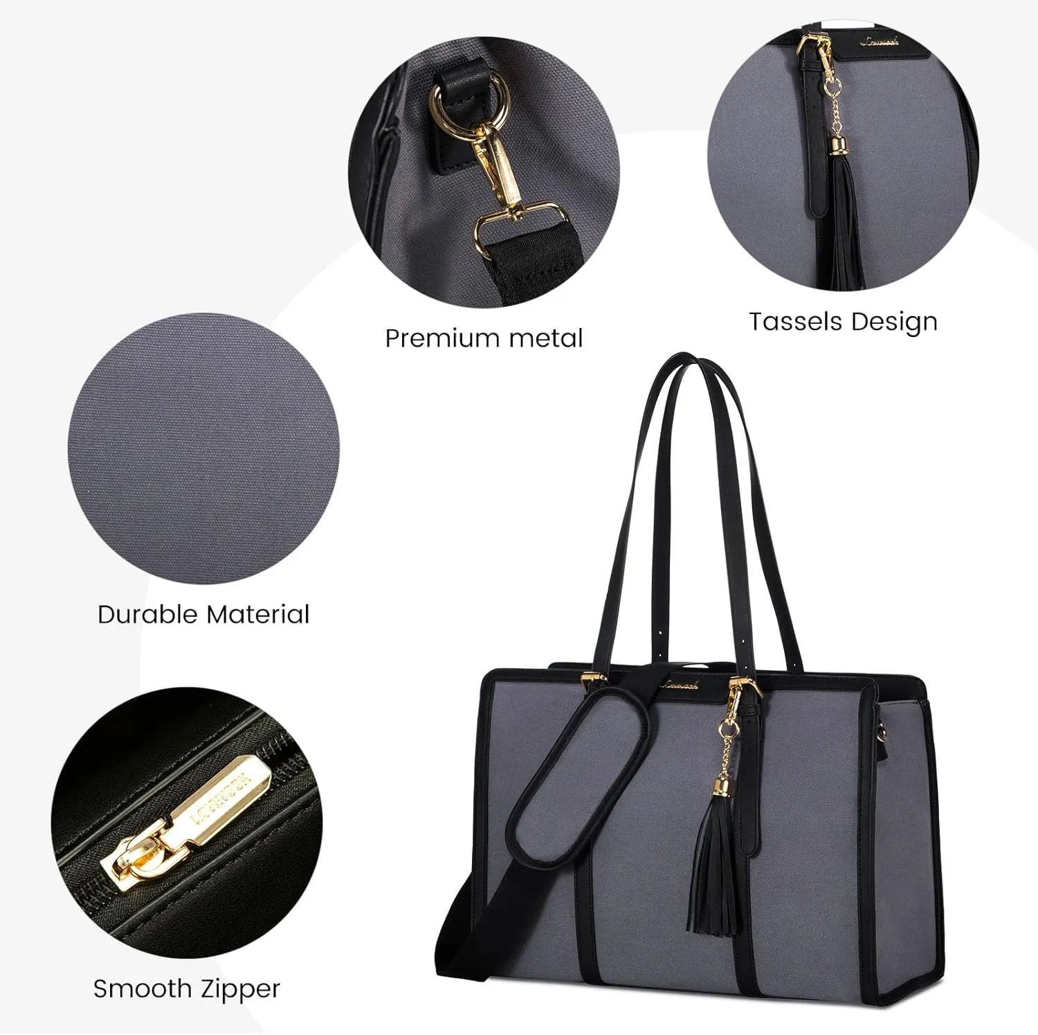 LOVEVOOK Laptop Bag for Women - 15.6 inch Lightweight Canvas Laptop Tote, Large Capacity Computer Bag with Clutch Purse for Business, Work, Travel, School (Iron Blue Grey & Black, 15.6 Inch)
