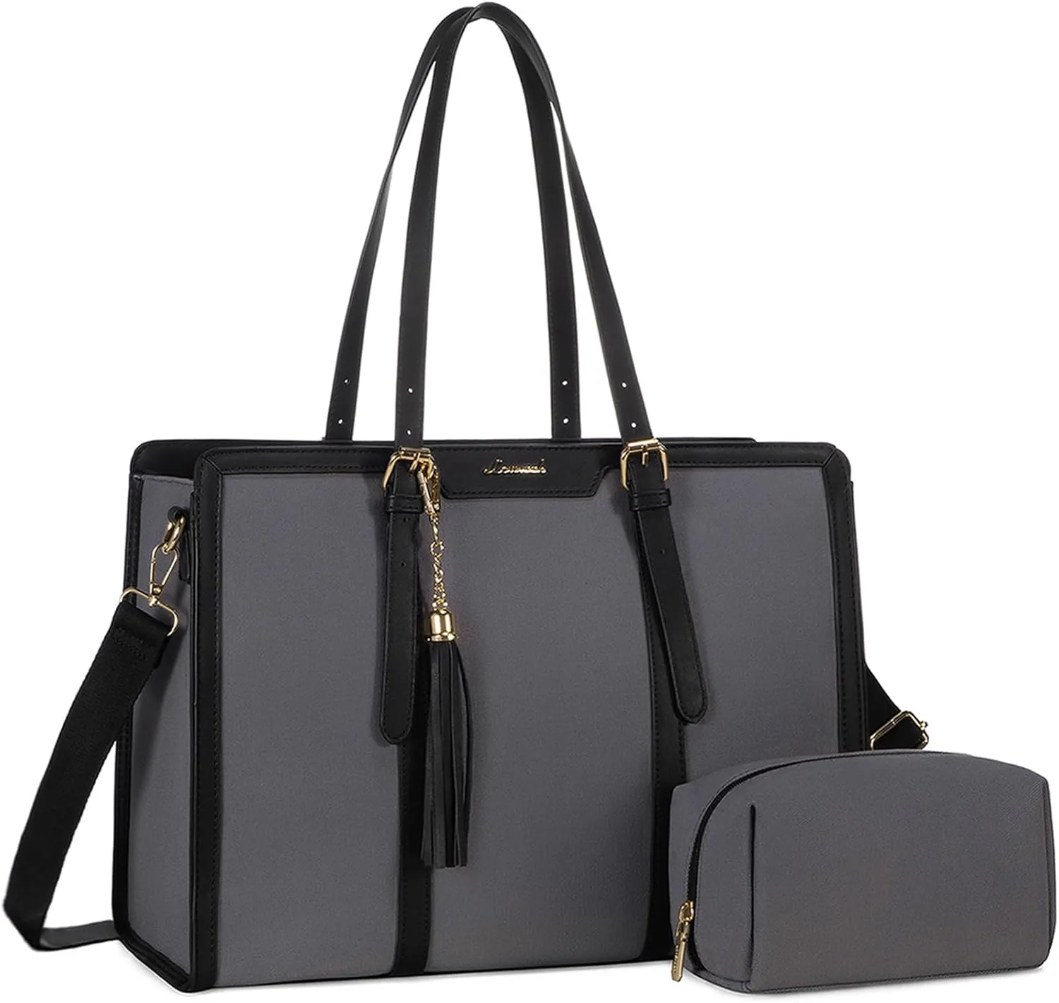 LOVEVOOK Laptop Bag for Women - 15.6 inch Lightweight Canvas Laptop Tote, Large Capacity Computer Bag with Clutch Purse for Business, Work, Travel, School (Iron Blue Grey & Black, 15.6 Inch)