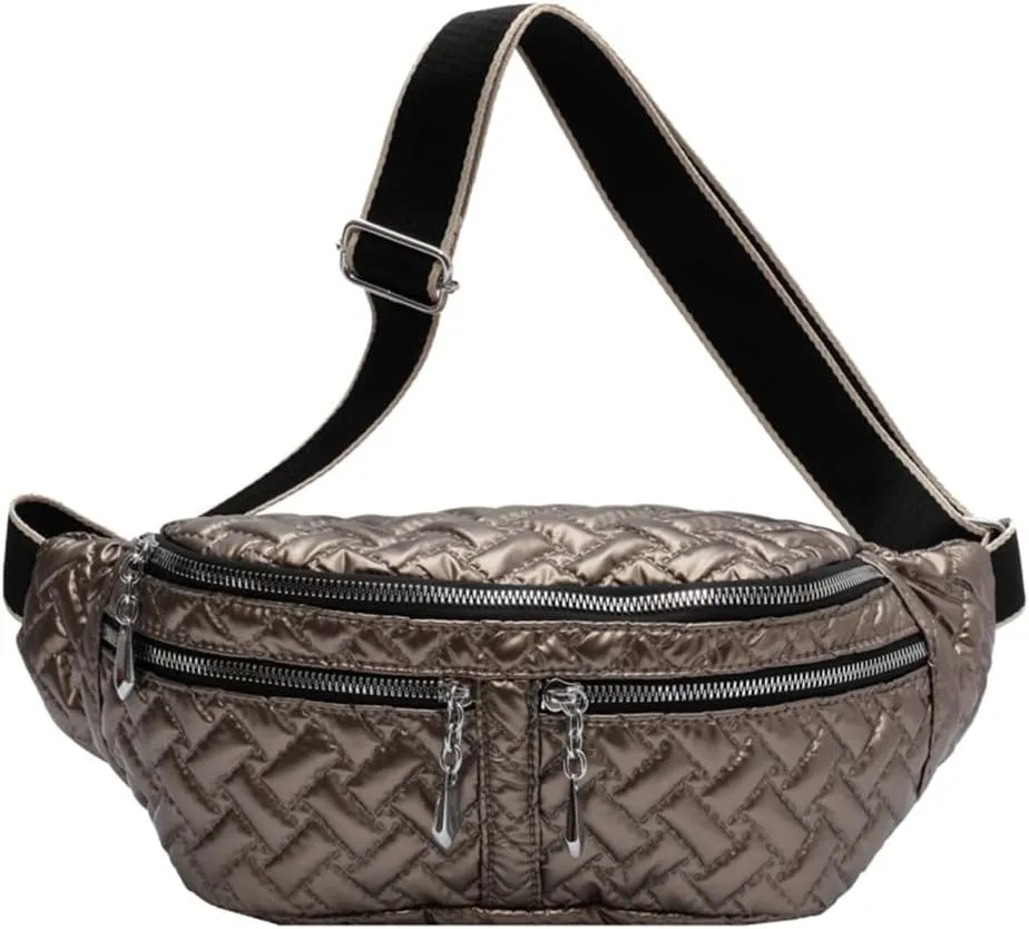 Multi Zippers Fanny Pack for Women Fashion Leather Crossbody Waist Bag with Wide Strap Sling Belt Bum Bag for Hiking (Champagne)
