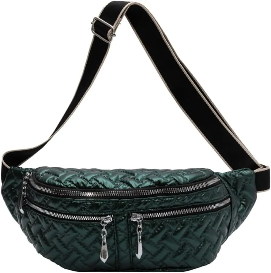 Multi Zippers Fanny Pack for Women Fashion Leather Crossbody Waist Bag with Wide Strap Sling Belt Bum Bag for Hiking (Green)