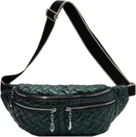 Multi Zippers Fanny Pack for Women Fashion Leather Crossbody Waist Bag with Wide Strap Sling Belt Bum Bag for Hiking (Green)