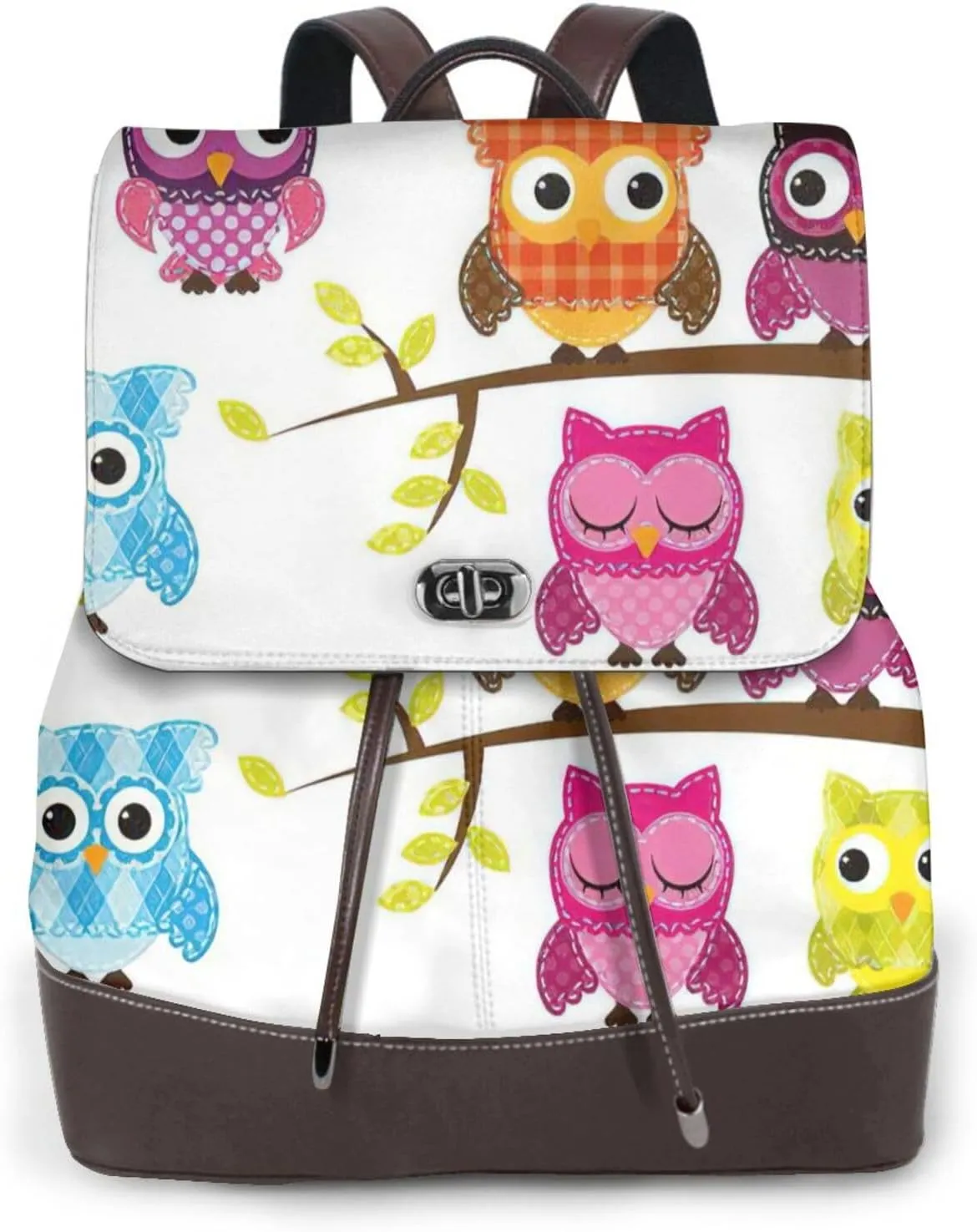Owls on Tree Branches Print Women's PU Leather Backpack, Fashion, Work, Journey Daily Use - Chestnut Brown