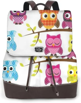 Owls on Tree Branches Print Women's PU Leather Backpack, Fashion, Work, Journey Daily Use - Chestnut Brown
