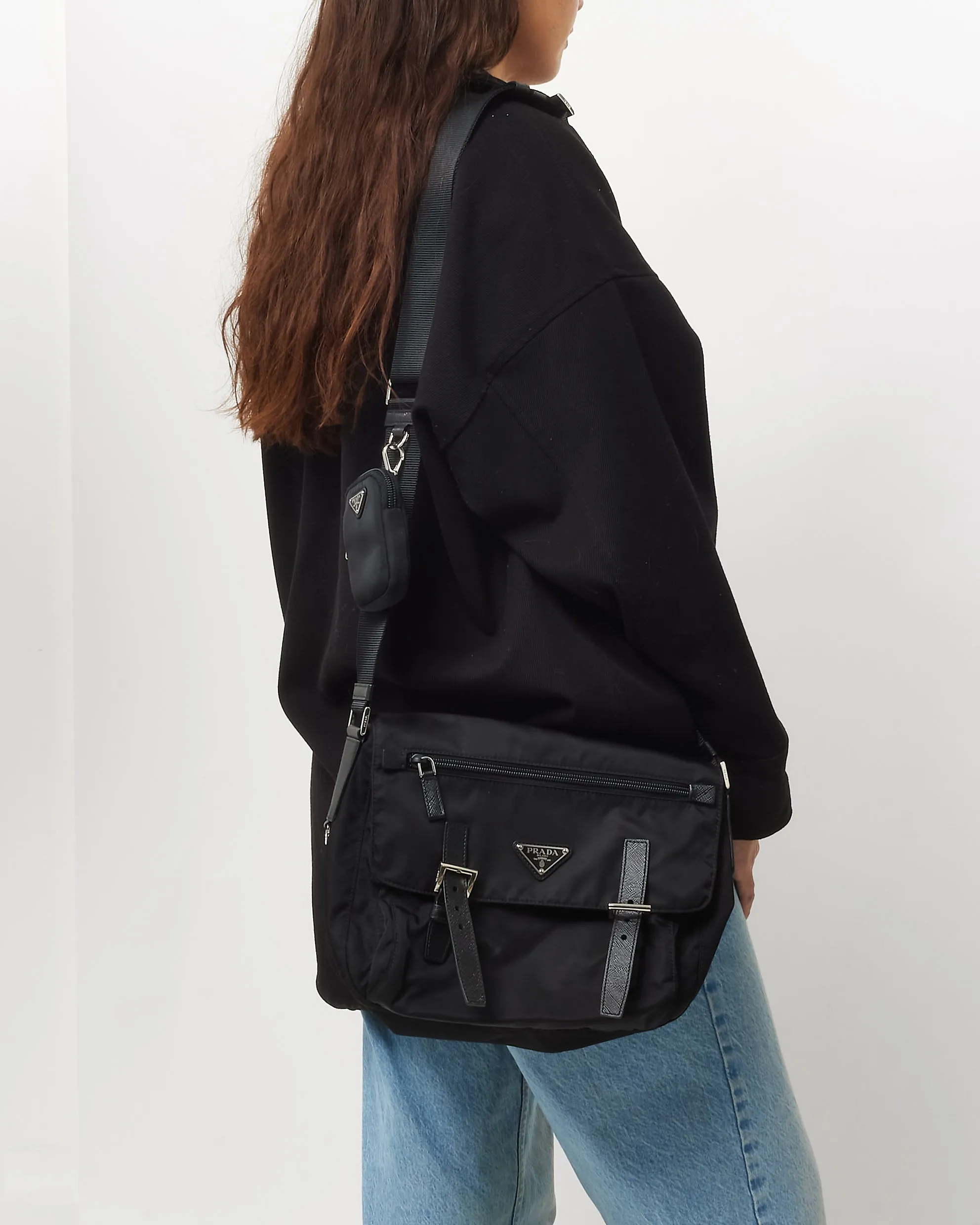 Prada Black Re-Nylon Buckle Crossbody Bag with Re-edition Strap