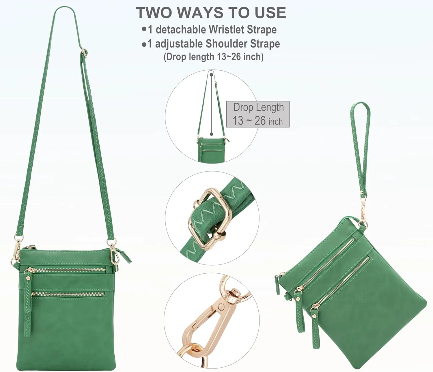 Solene Small Crossbody Bag for Women, Multi Zip Pockets with Detachable Wristlet, Lightweight Travel Purse, Cell Phone Pouch